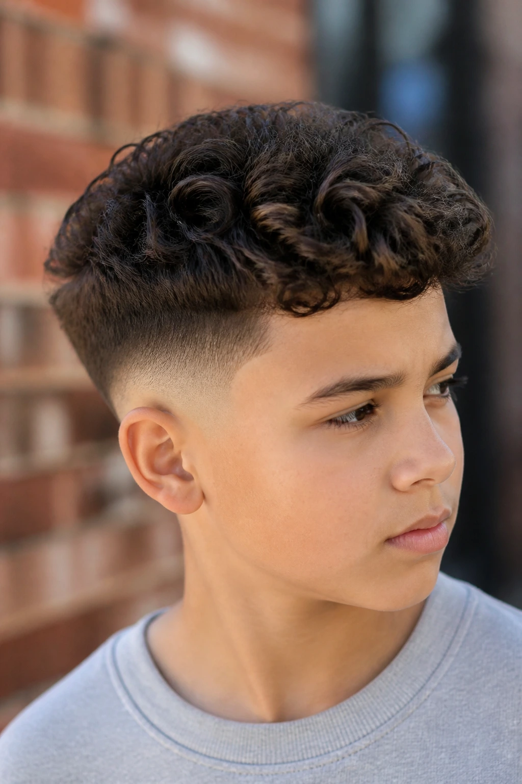 Three-quarter portrait of a real boy with a drop fade and curly top in daylight.