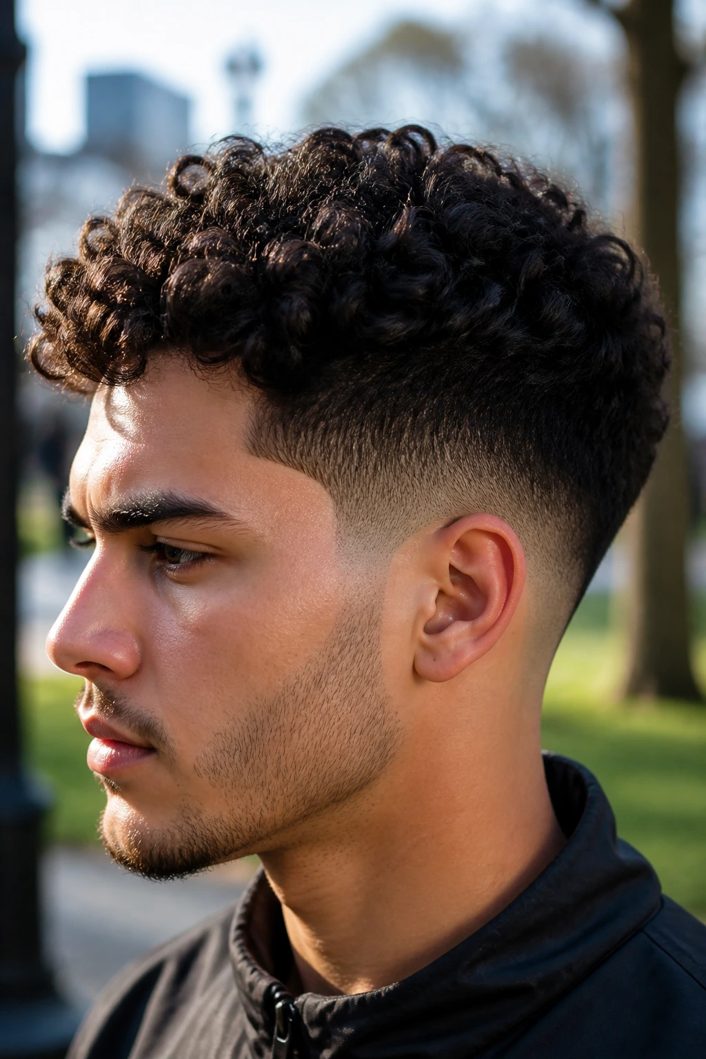Close-up of man with drop fade and curly top