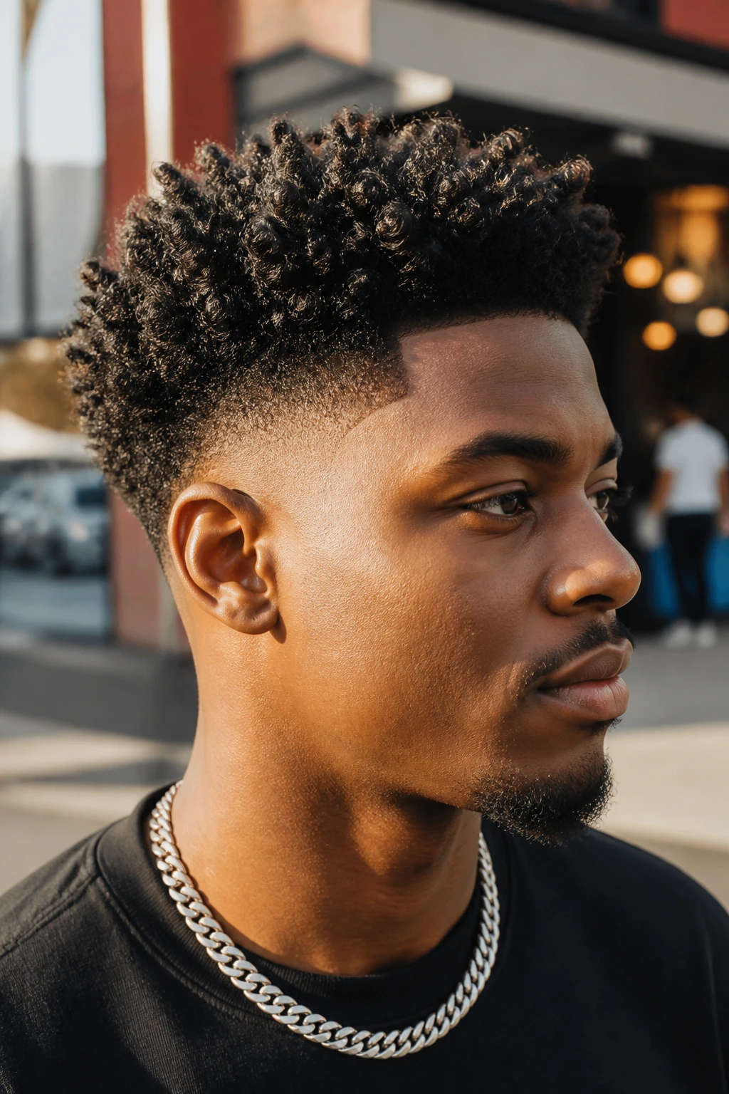 Portrait of person with drop fade and curly top hairstyle outdoors
