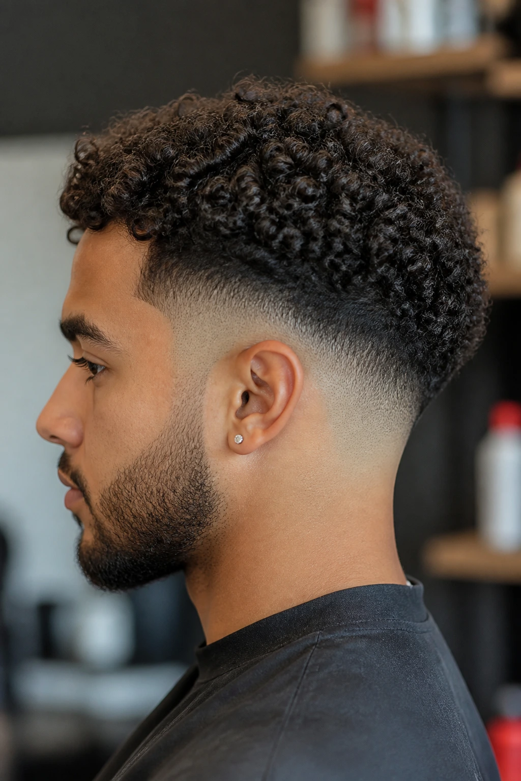 Close-up of a real person with a drop fade and dense curls