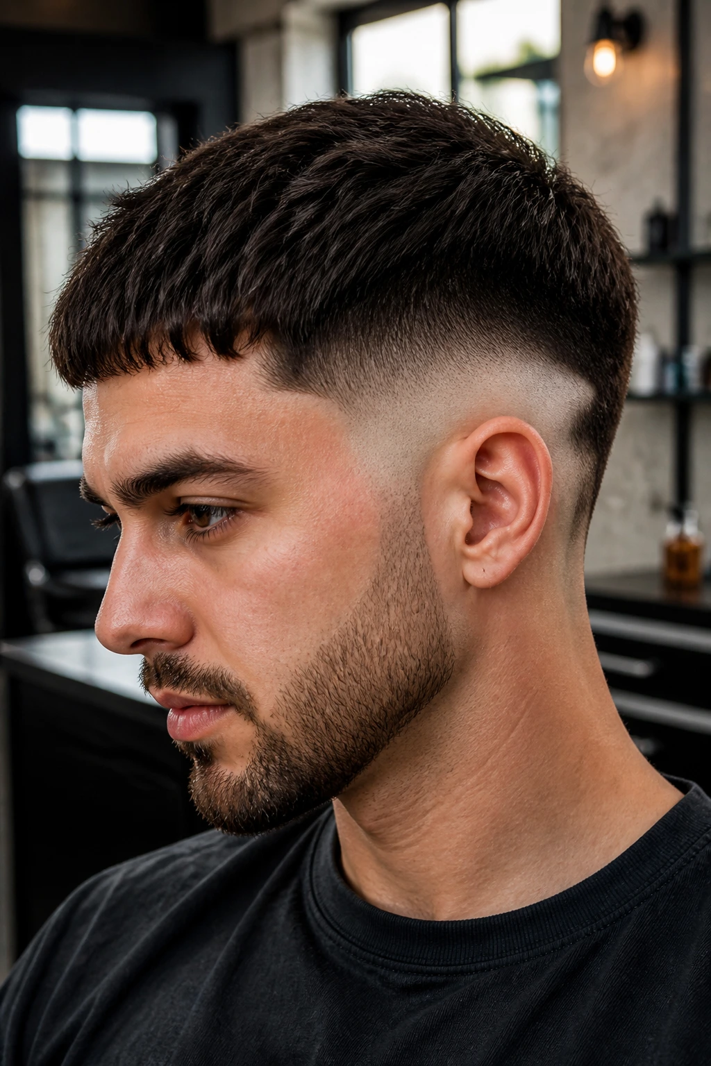Portrait of man with drop fade and disconnected crop