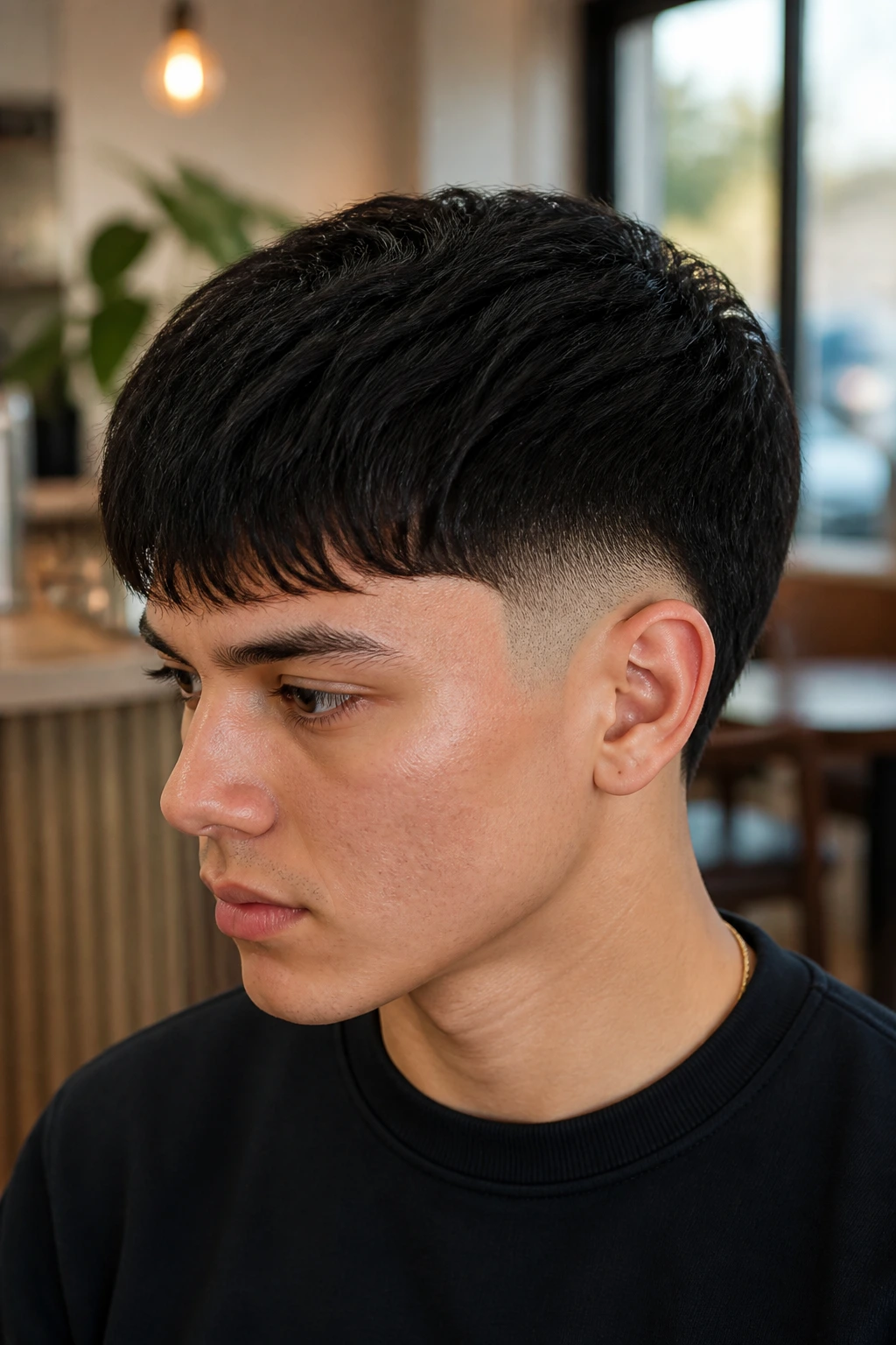 Portrait of a man with Drop Fade Edgar Cut, forward fringe, curved fade behind ear.