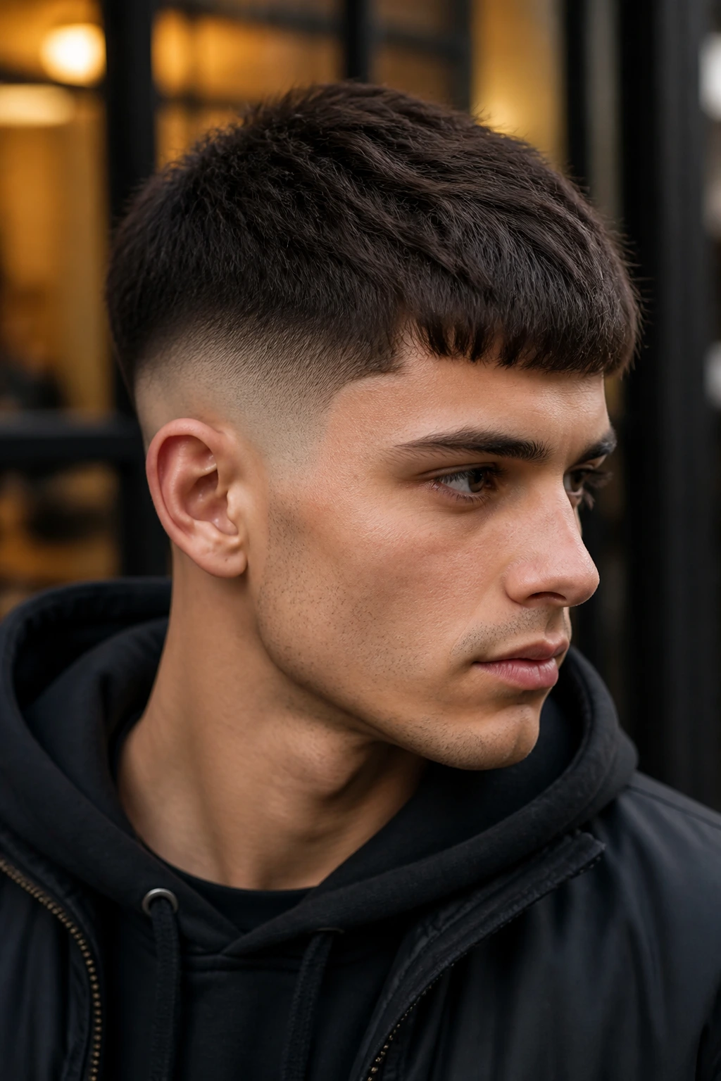 Man with drop fade and French crop on city street