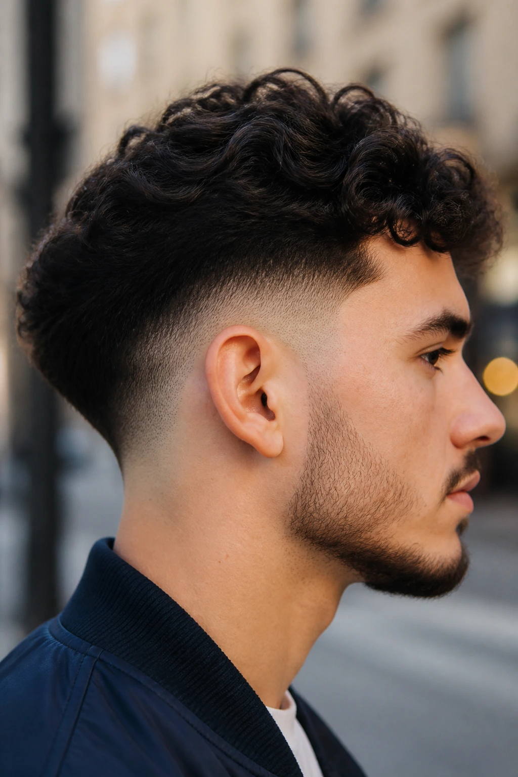 Profile shot of a man with a Drop Fade along the head curve