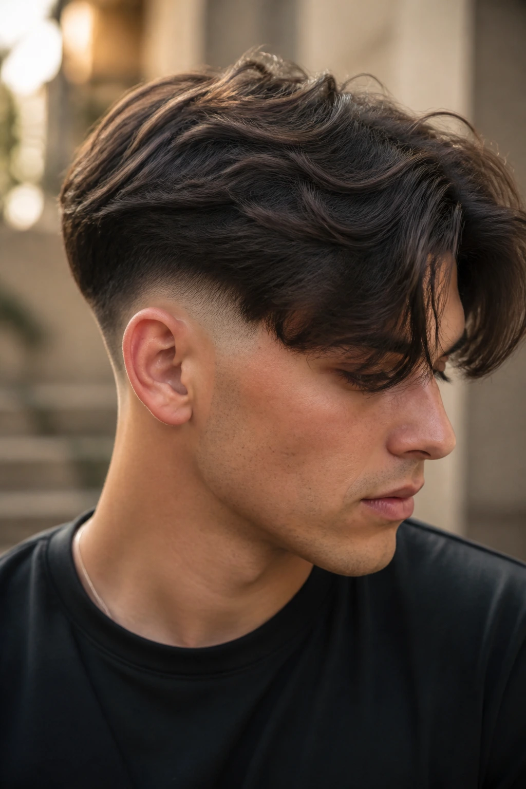 Portrait of a person with drop fade and longer curtain bangs