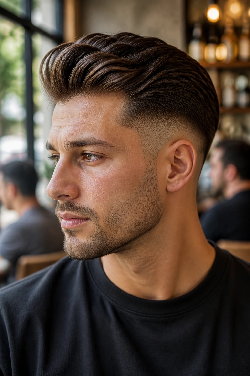 Portrait of a man with drop fade and loose swept-back top in cafe lighting