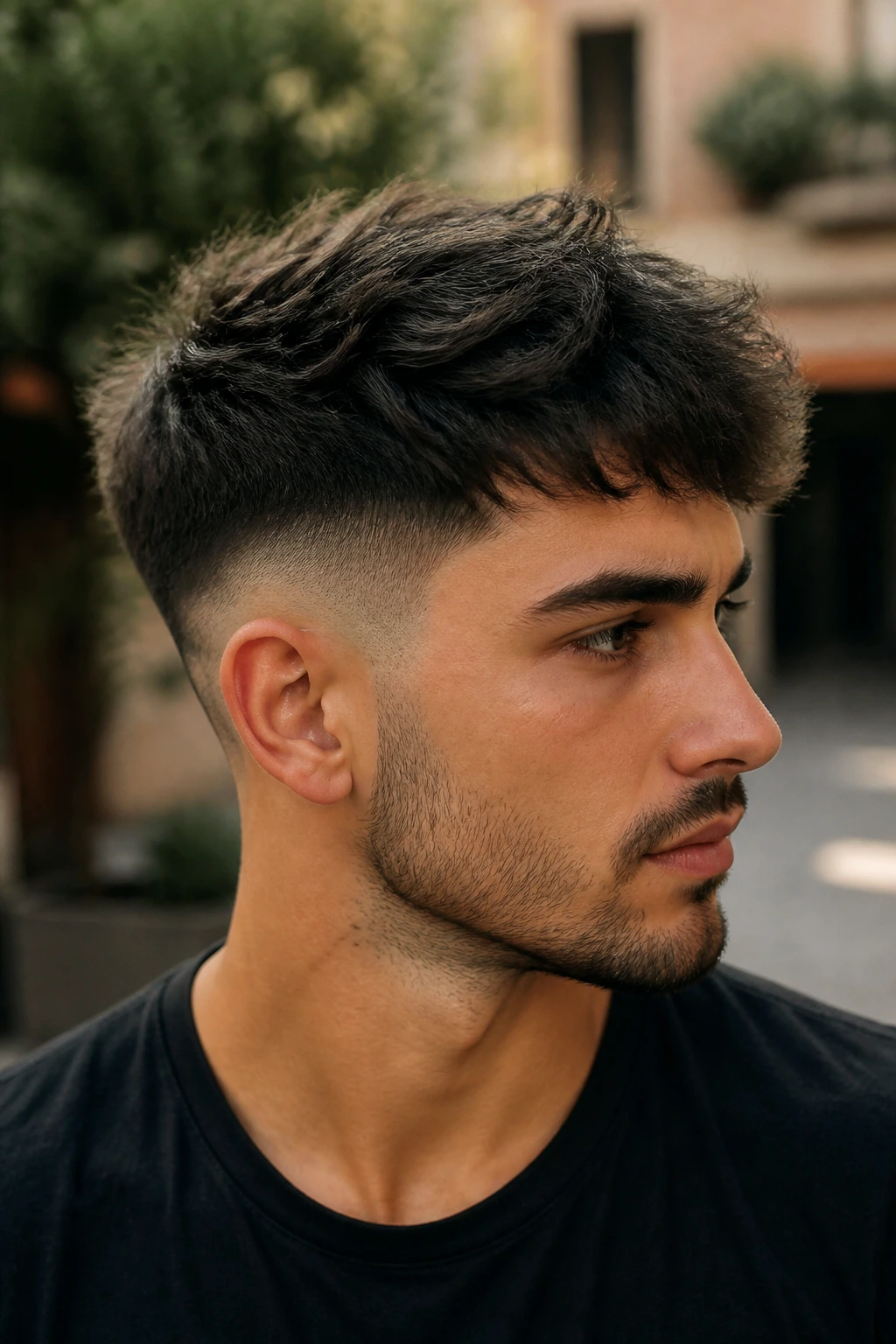 Close-up of a man with a drop fade and a messy textured top