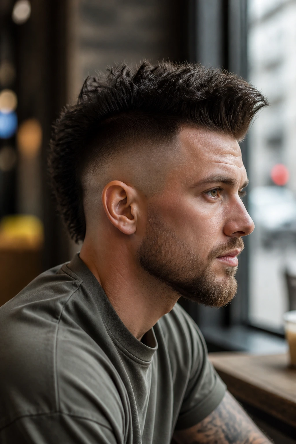Close-up portrait of a man with a drop fade mohawk in a cafe setting