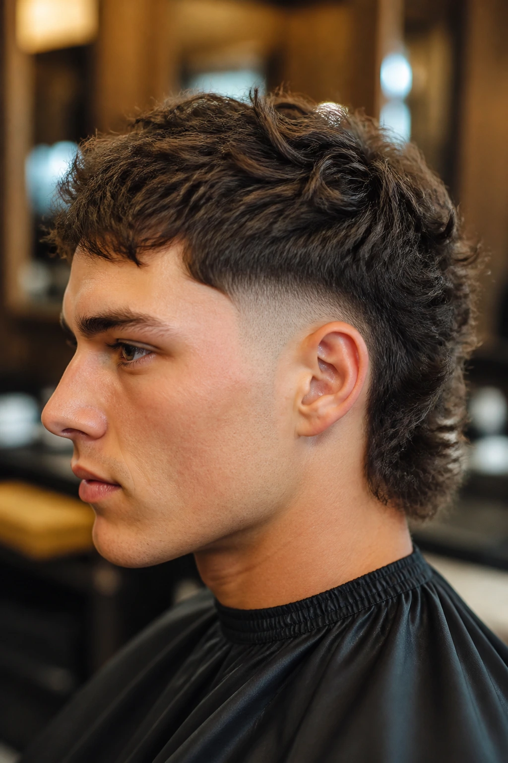 Close-up of real person with drop fade mullet in barbershop setting.