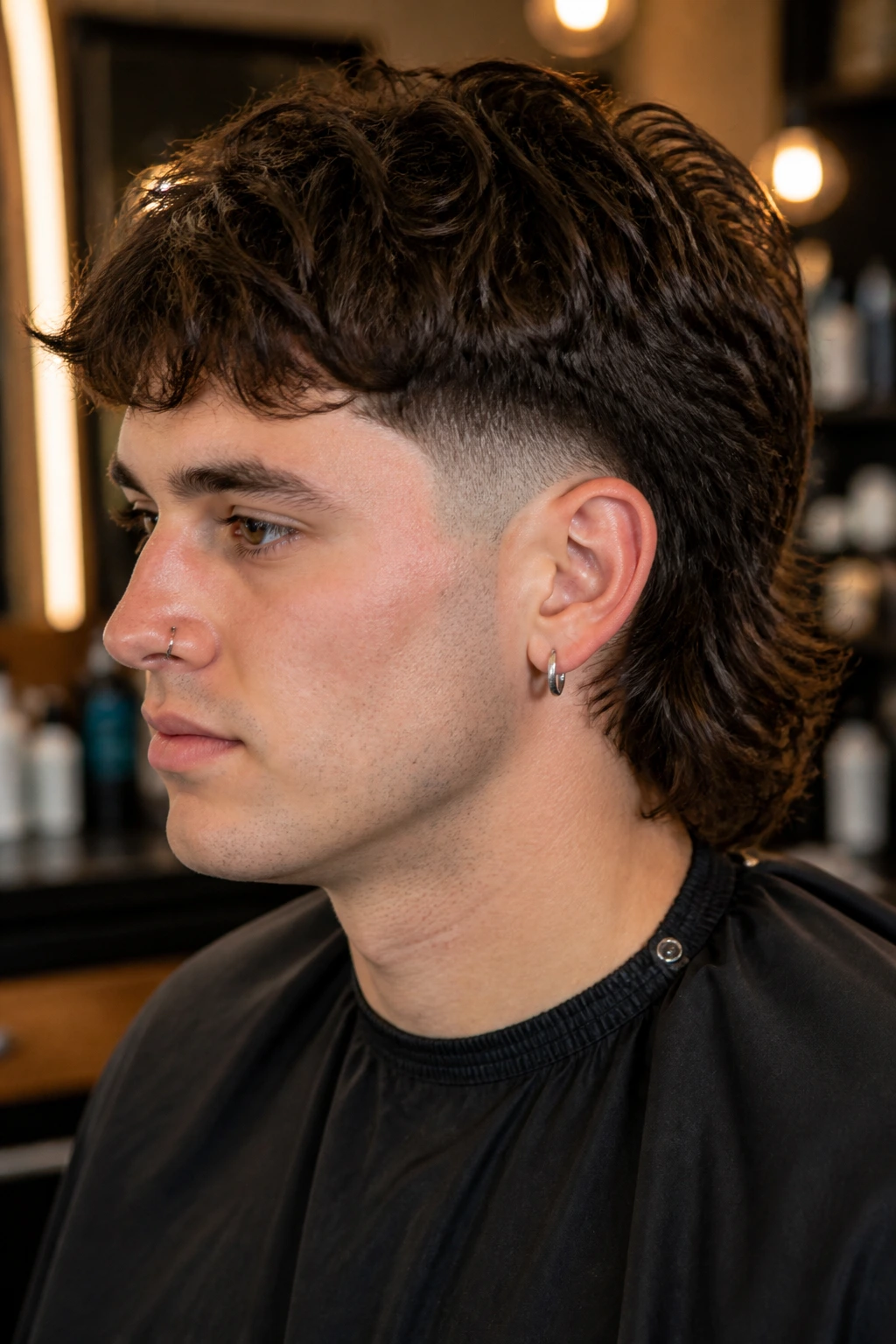 Profile portrait of a real person with Drop Fade Mullet showing low fade behind the ear