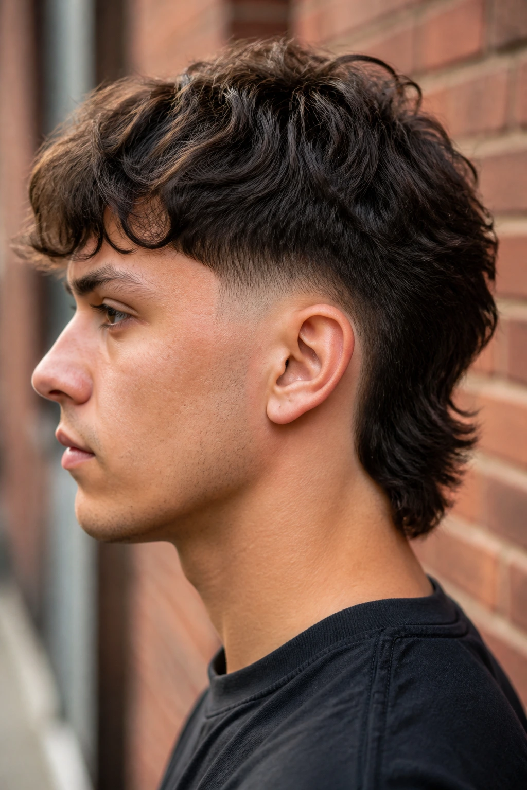 Side profile of a real person with a drop fade mullet against a brick wall
