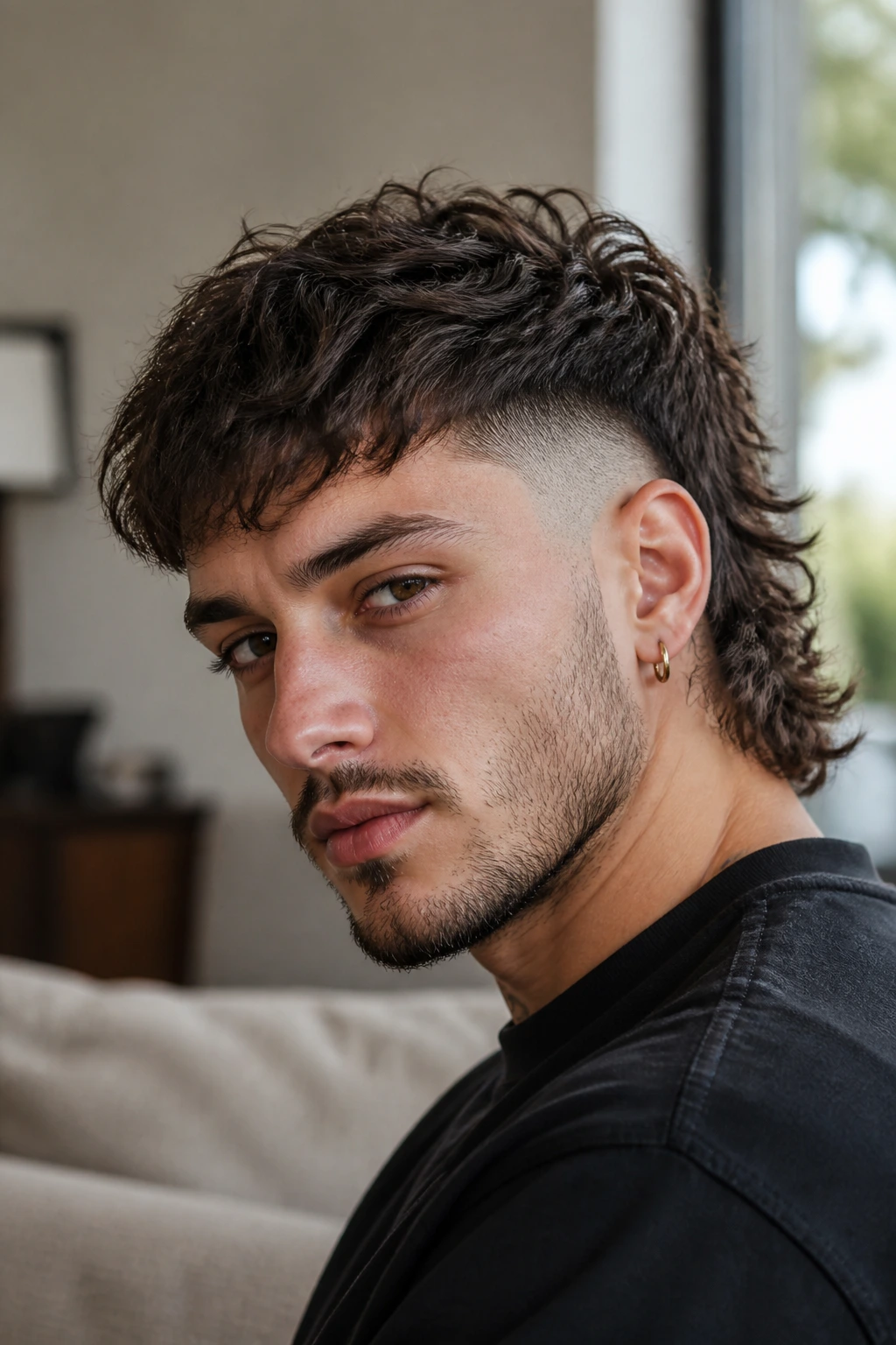 Close-up of a man with a drop fade textured mullet in natural daylight.