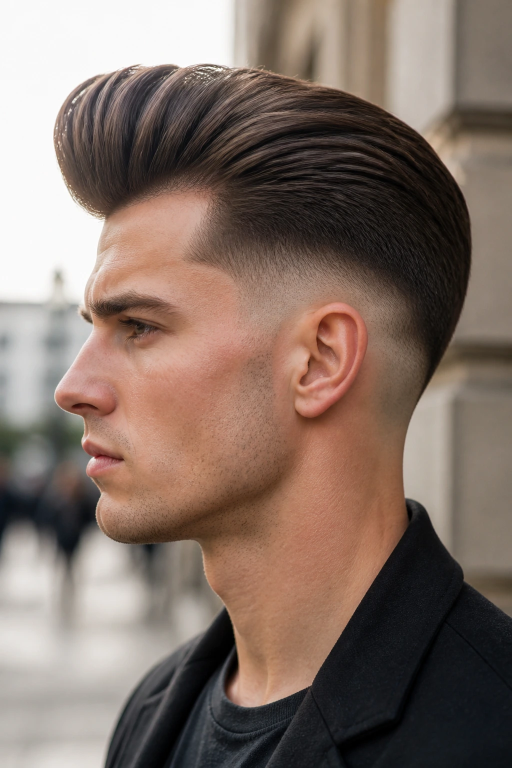 Side-profile of man with Drop Fade Pomp showing curved fade