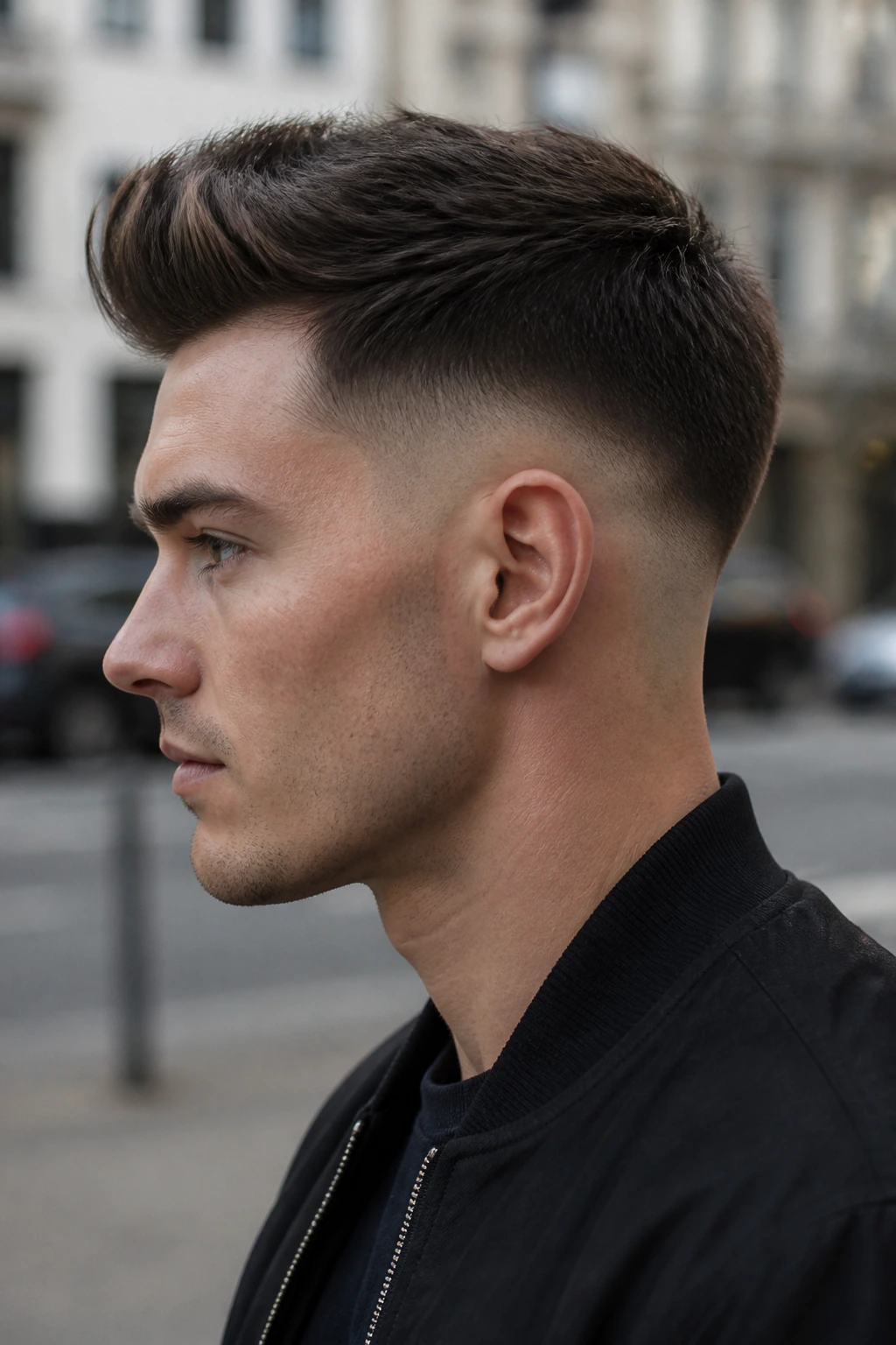 Side-profile portrait of man with drop fade quiff