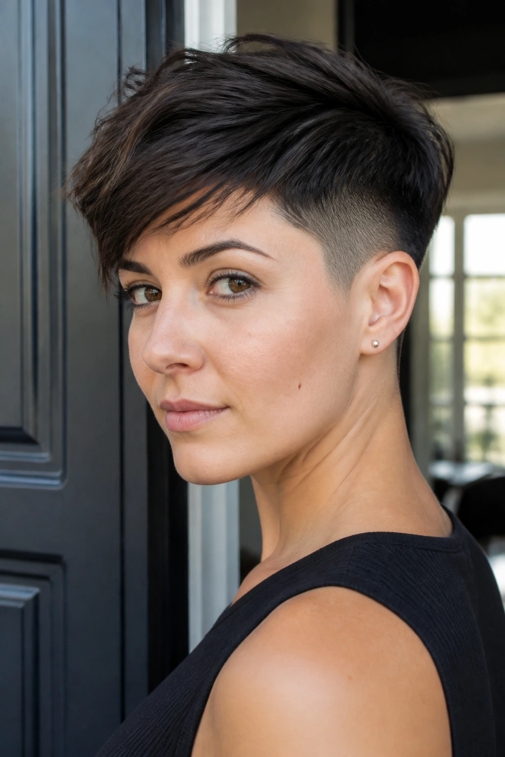 Portrait of a real woman with drop fade and side fringe