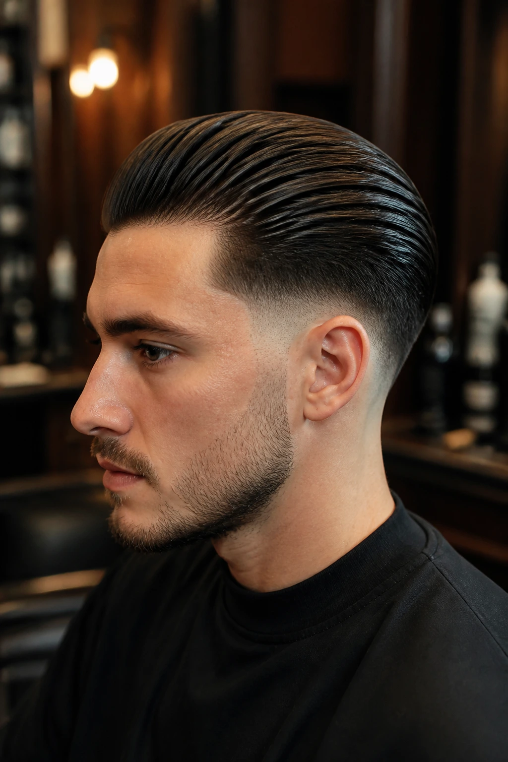 Head-and-shoulders portrait of man with drop fade and slick back