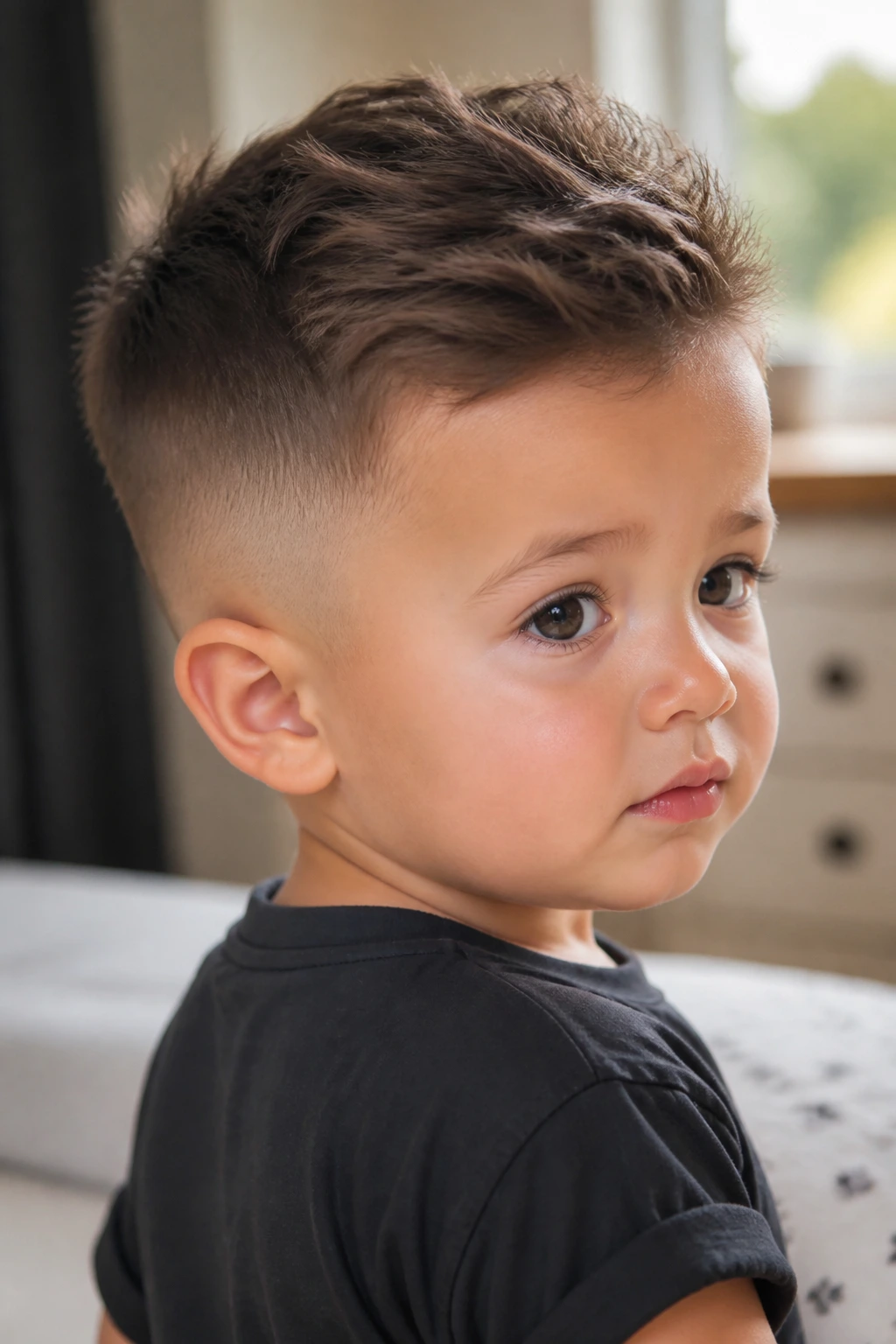 Close-up toddler head showing drop fade with textured top in natural light