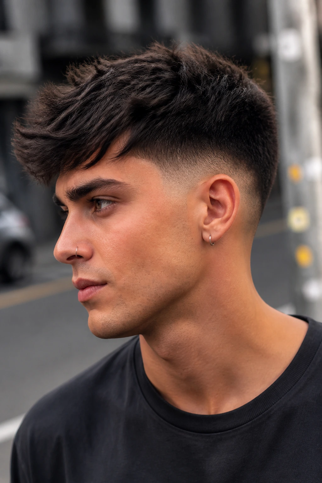 Portrait of a man with drop fade and textured top in an urban setting