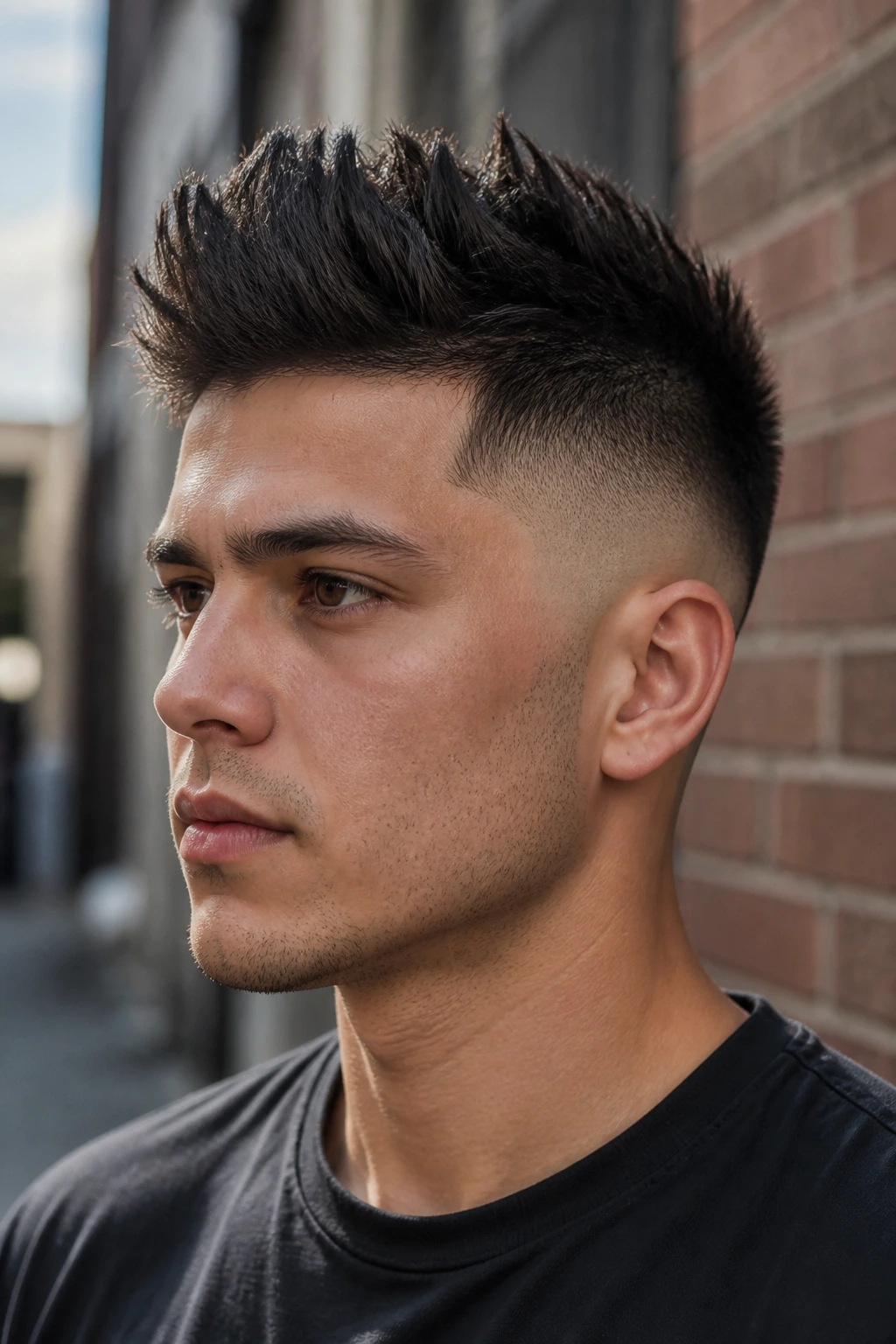 Close-up portrait of a man with drop fade and vertical texture hairstyle