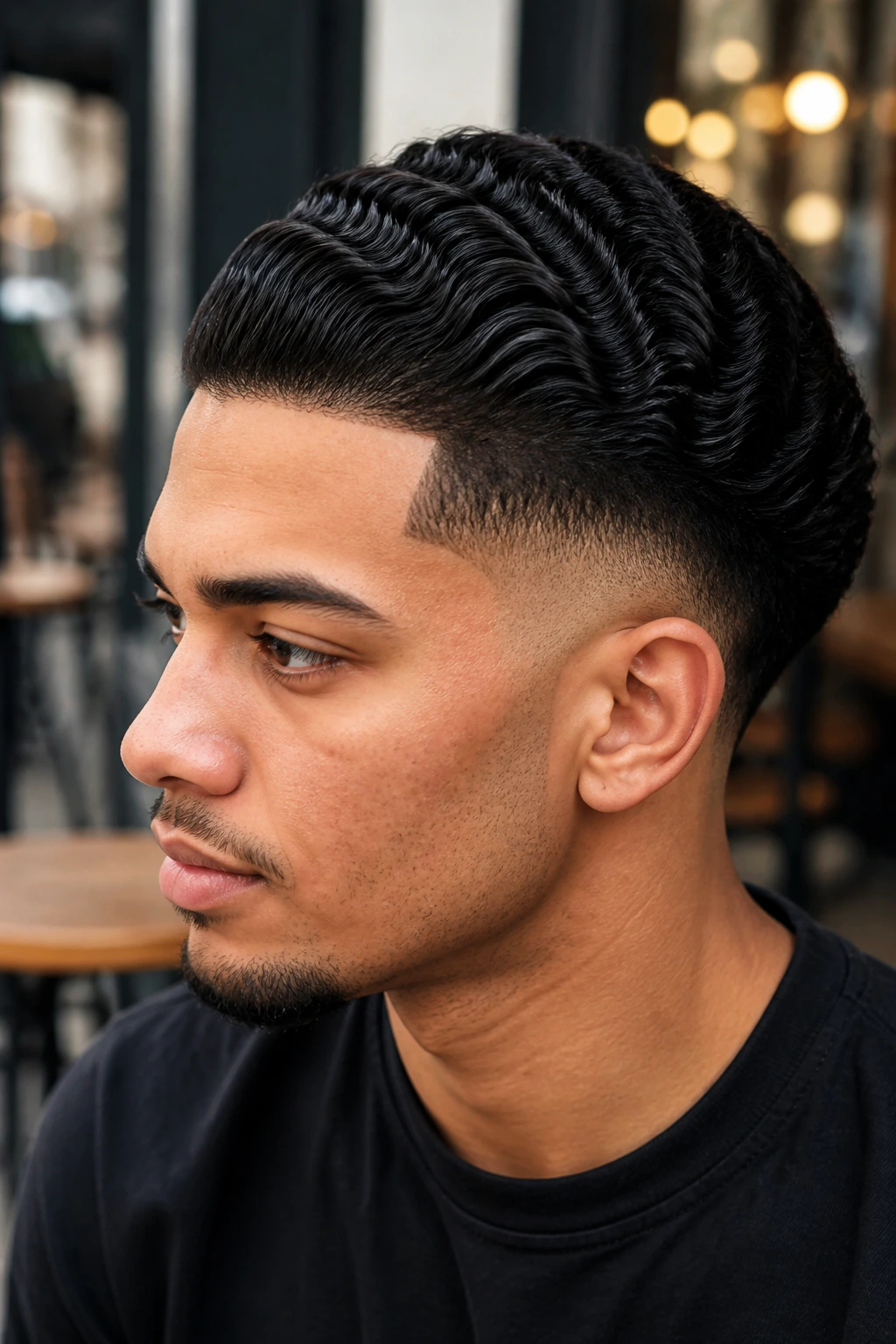 Portrait of man with wavy brushed-back hair and drop fade.
