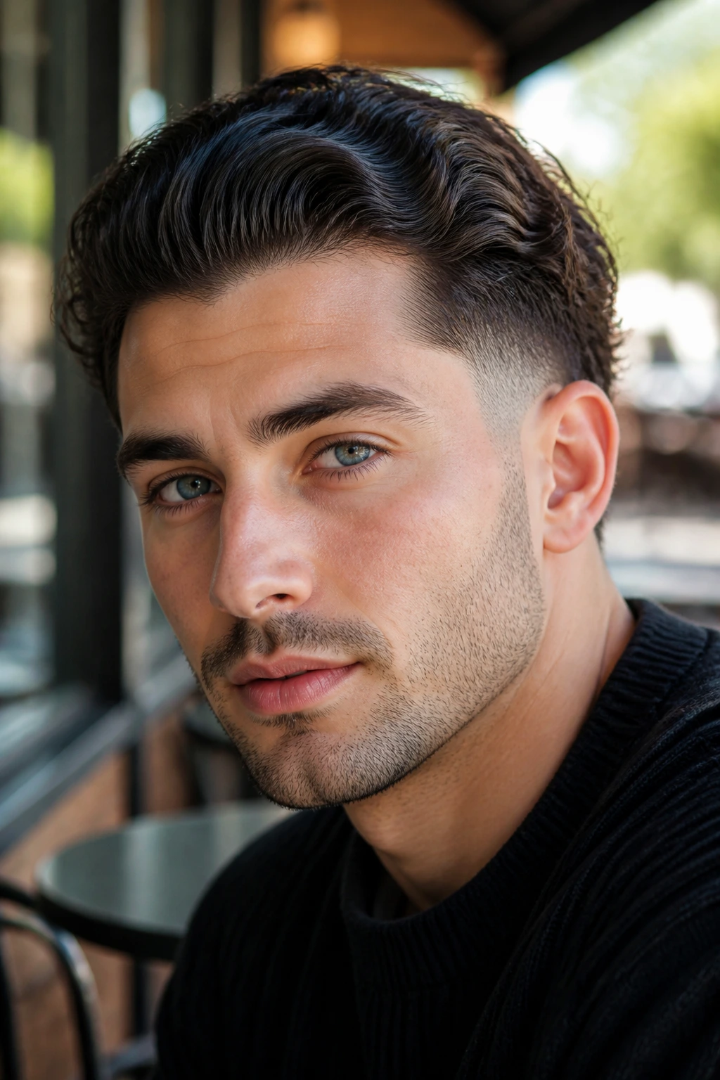 Close-up of man with drop fade and back-swept waves