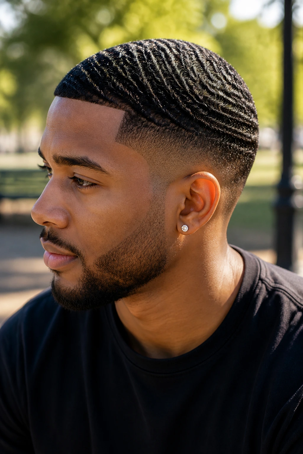 Three-quarter portrait of a man with drop fade and defined waves.