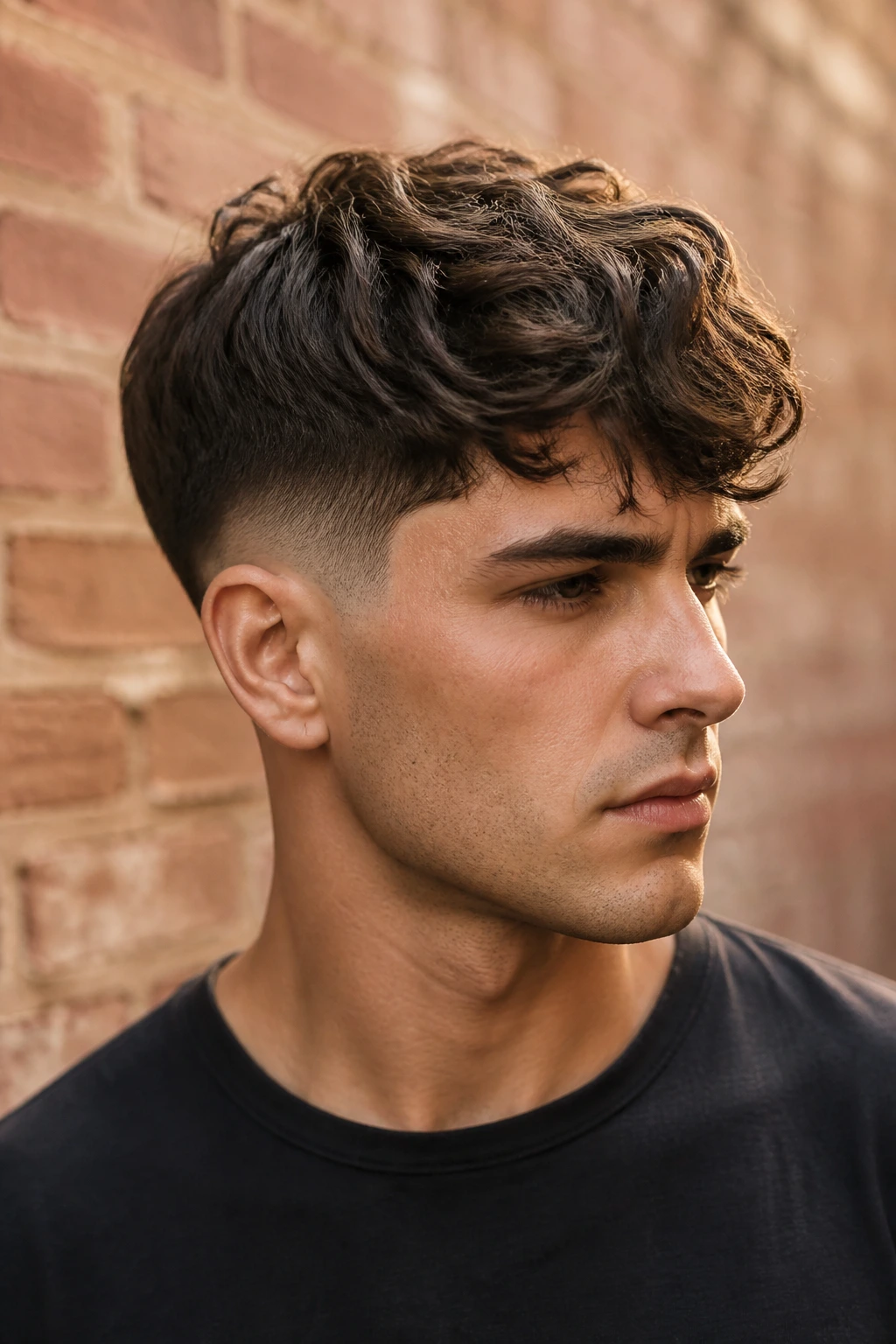 Close-up of a man with drop fade and wavy top in golden hour lighting