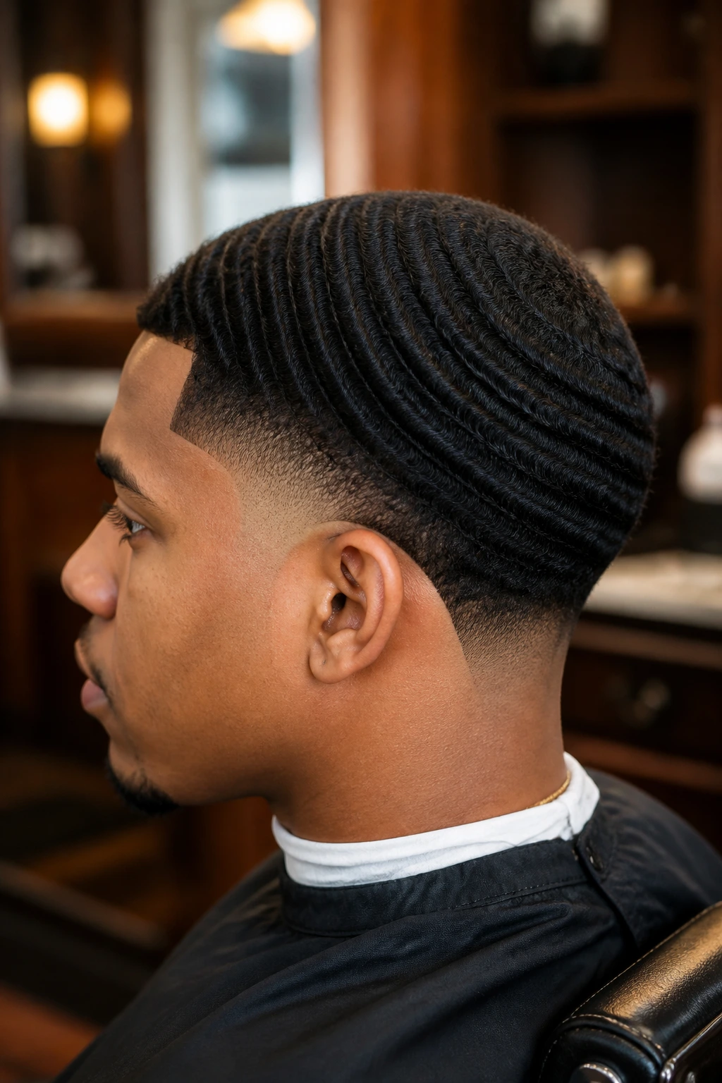 Close-up of a man with drop taper and 360 waves on crown, barber shop setting