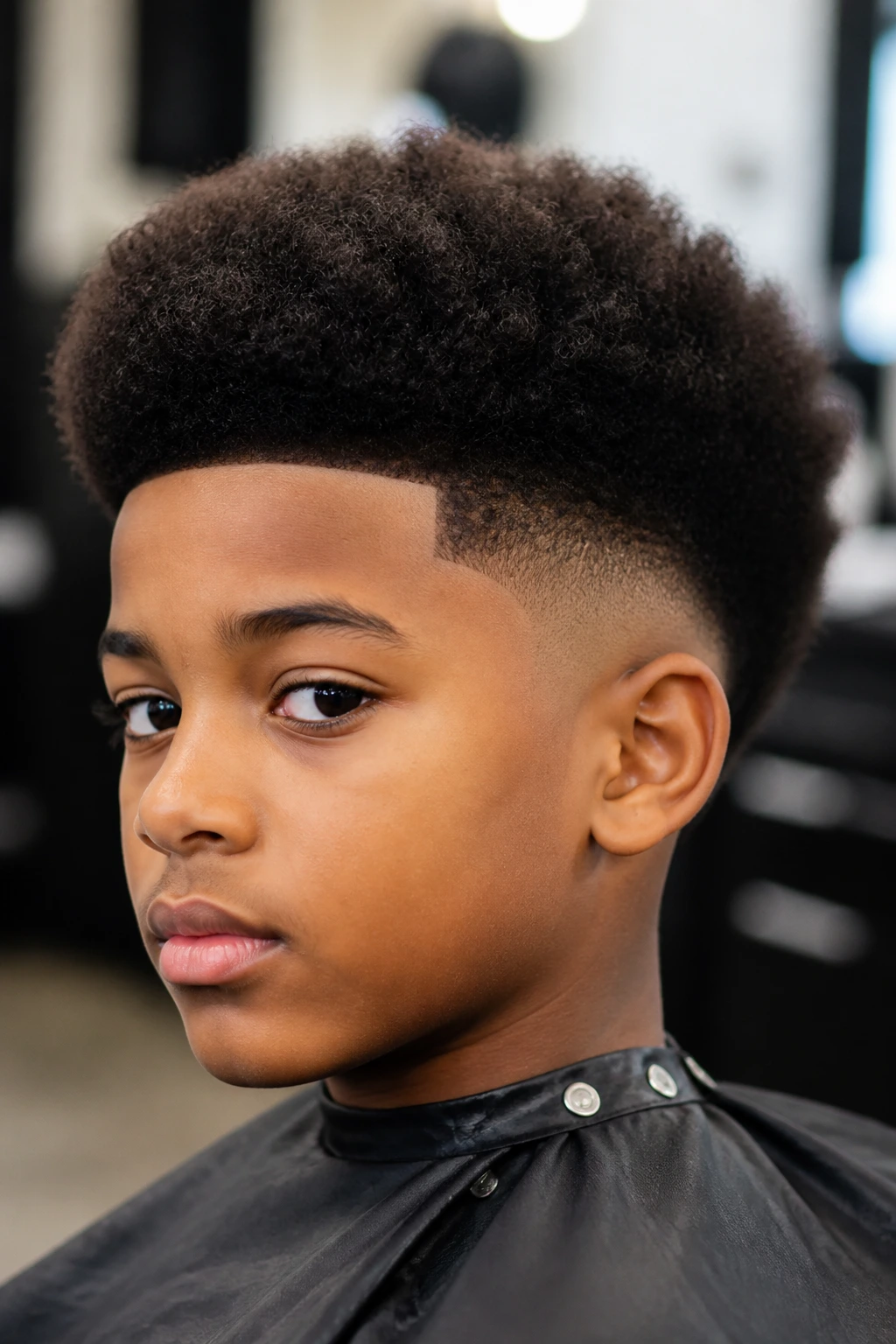 Close-up of a schoolboy with a drop-taper afro fade