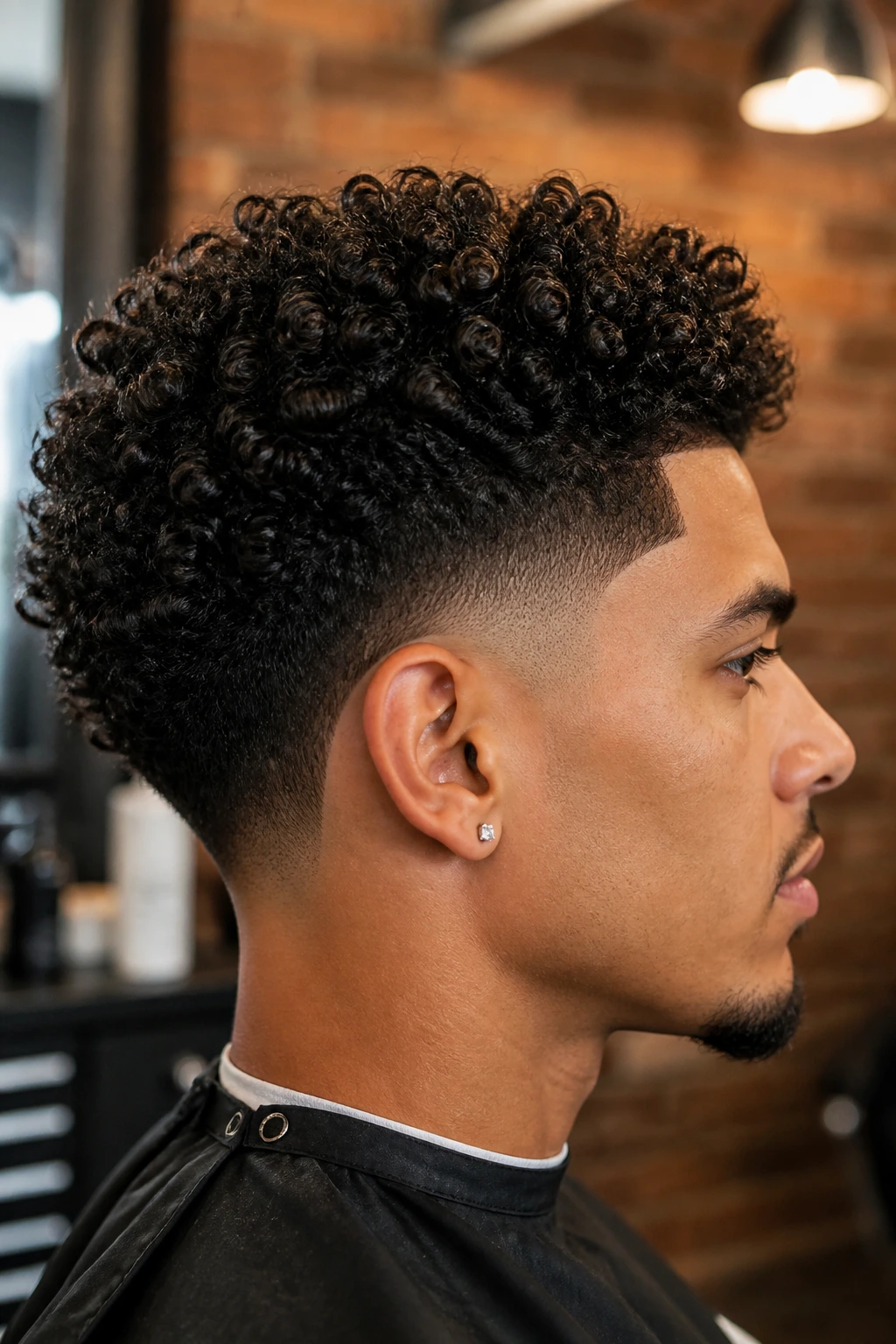 Side profile of a real person with drop taper fade and natural volume on top.