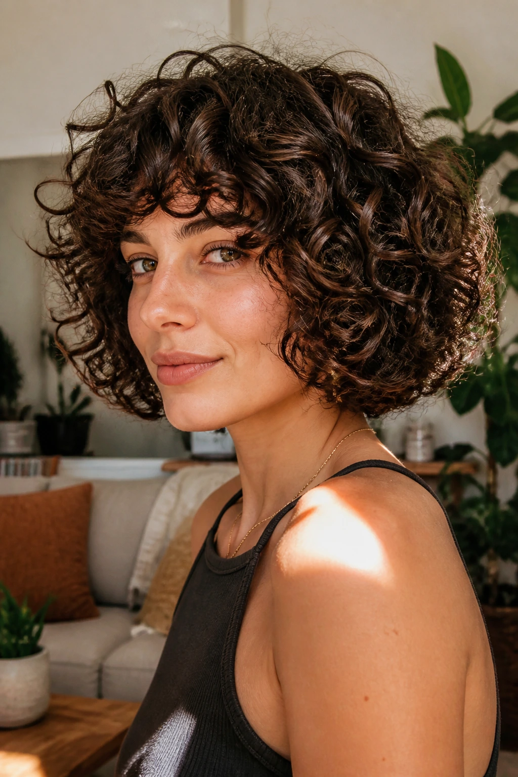 Close-up of a real woman with a dry-cut curl-by-curl curly bob