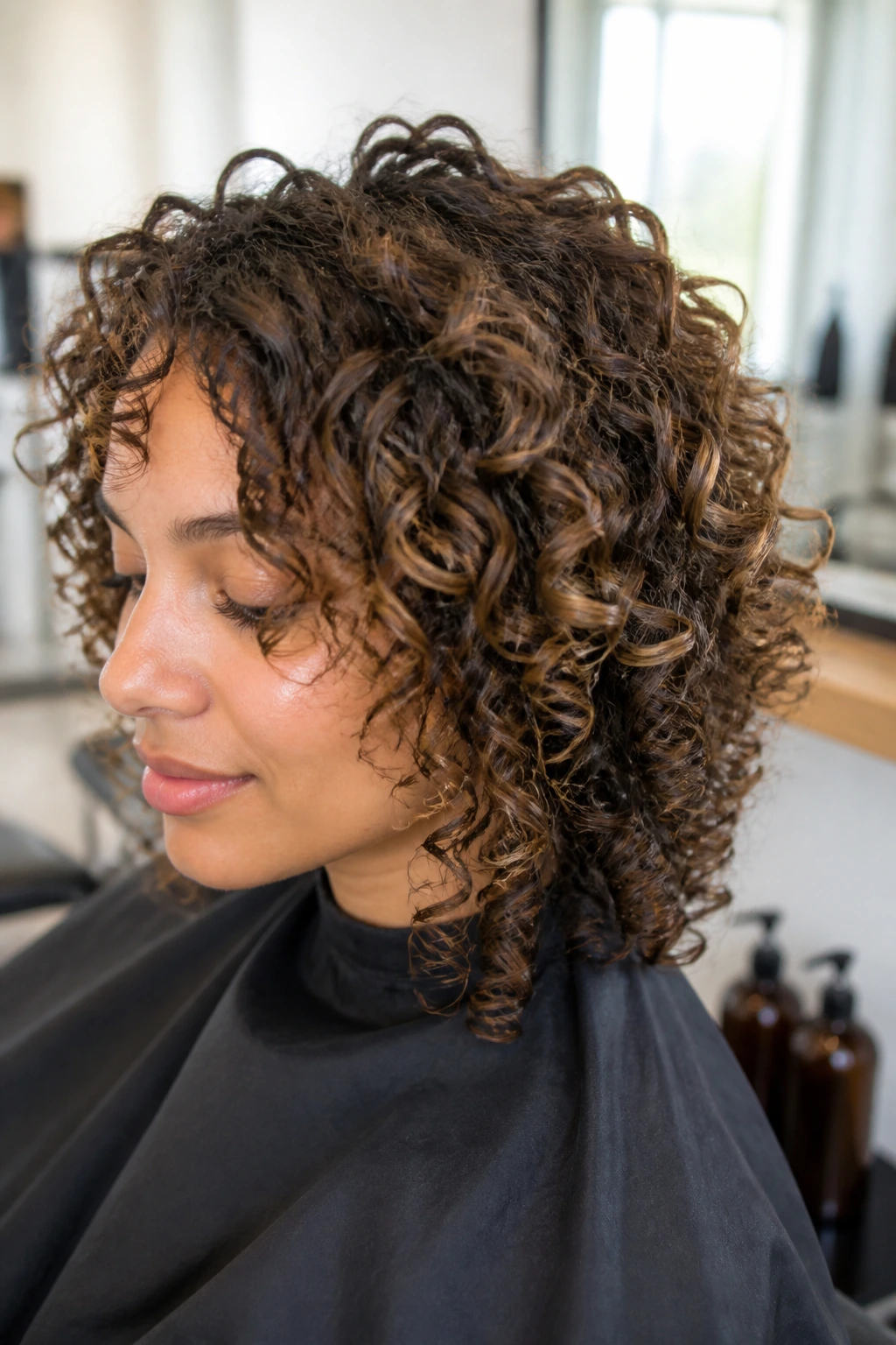 Real woman with dry-cut curly layers following natural curl pattern