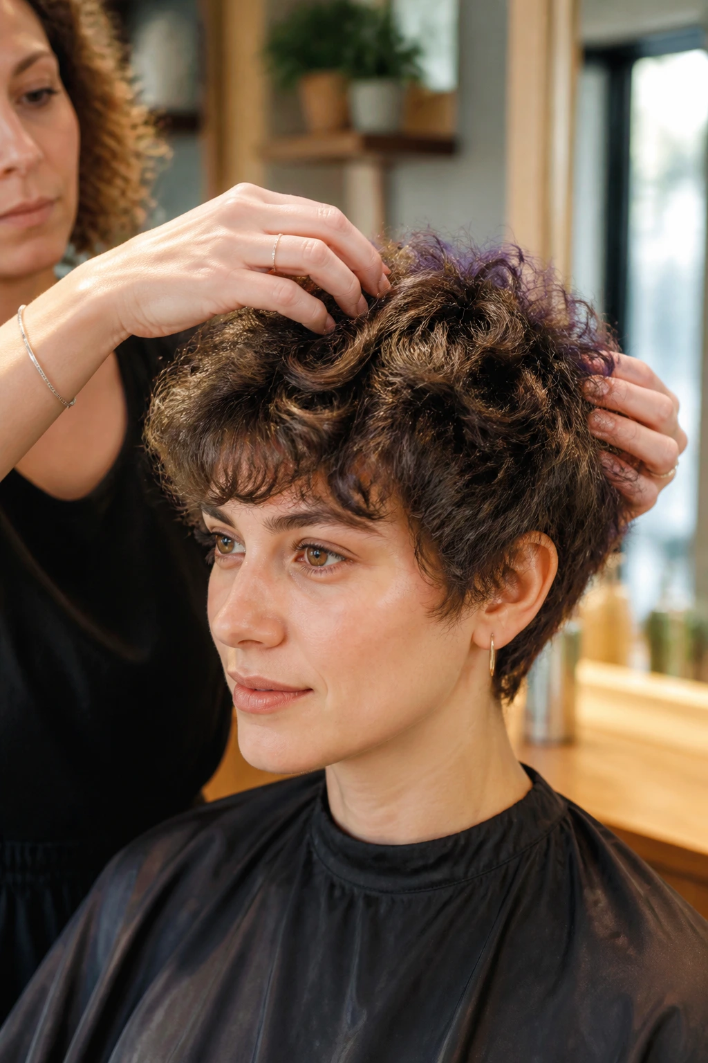 Real person with short curls in a salon receiving shaping guidance.