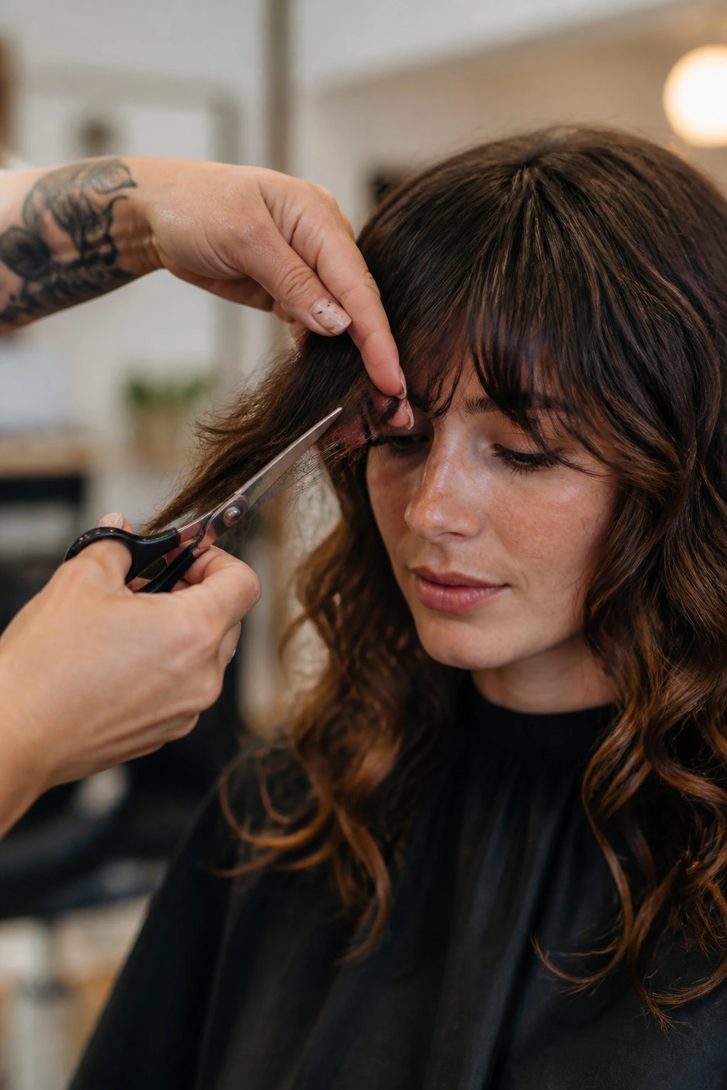 Close-up of a stylist trimming a real client's fringe in a salon.