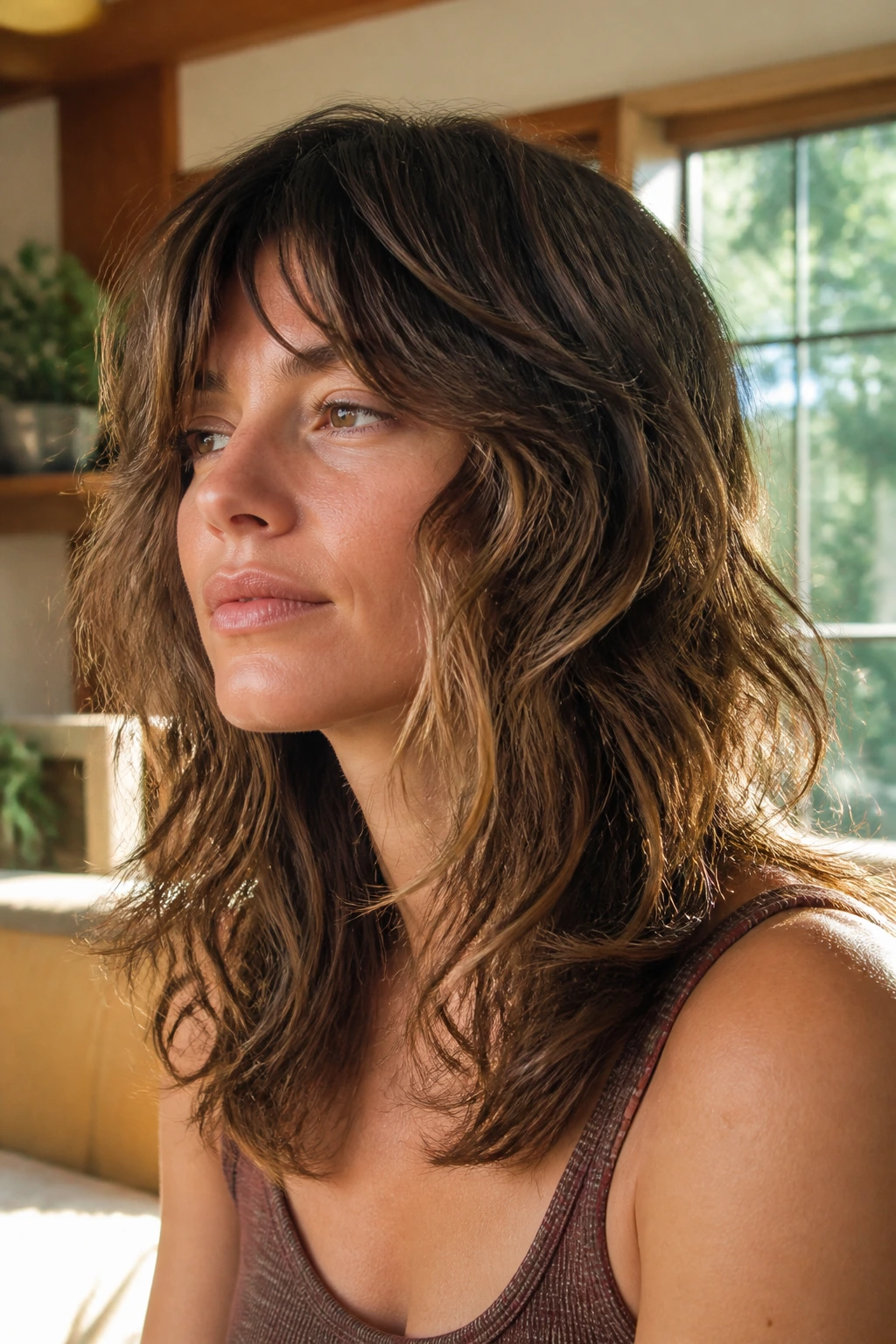 Close-up portrait of a real person with Dry-Cut Razor Shag showing soft bend in waves