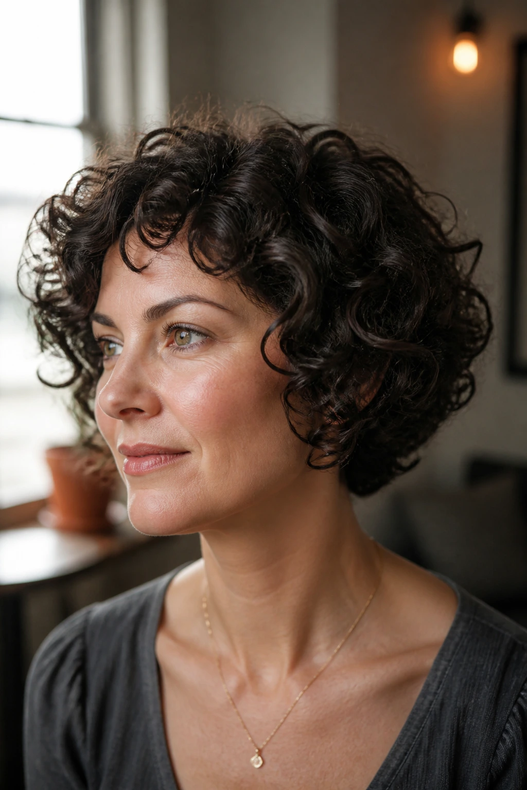 Real woman with dry-cut round shape curls under window light.