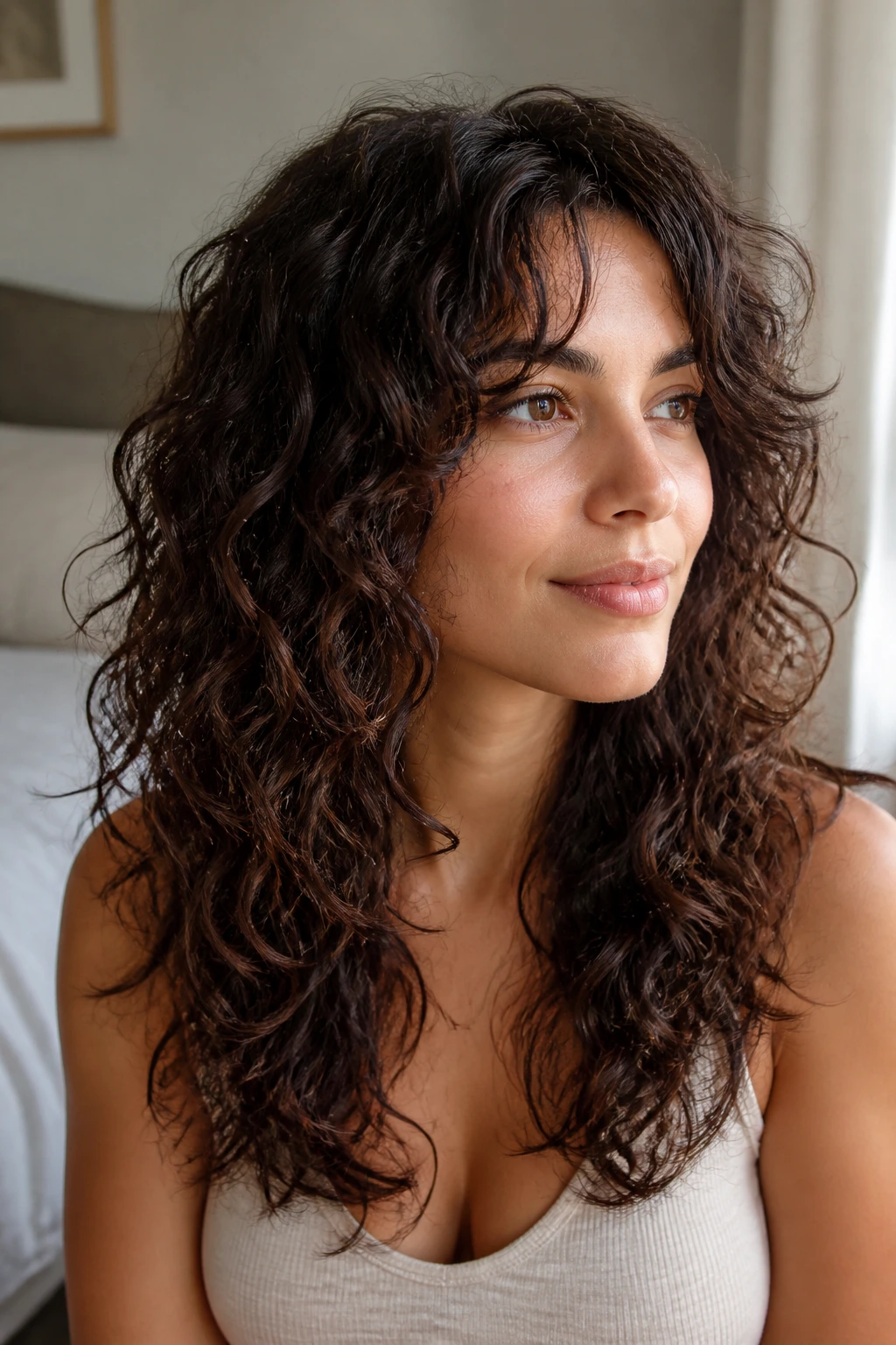 Close-up portrait of a real woman with long wavy hair showing dry-cut shape layers for waves and curls