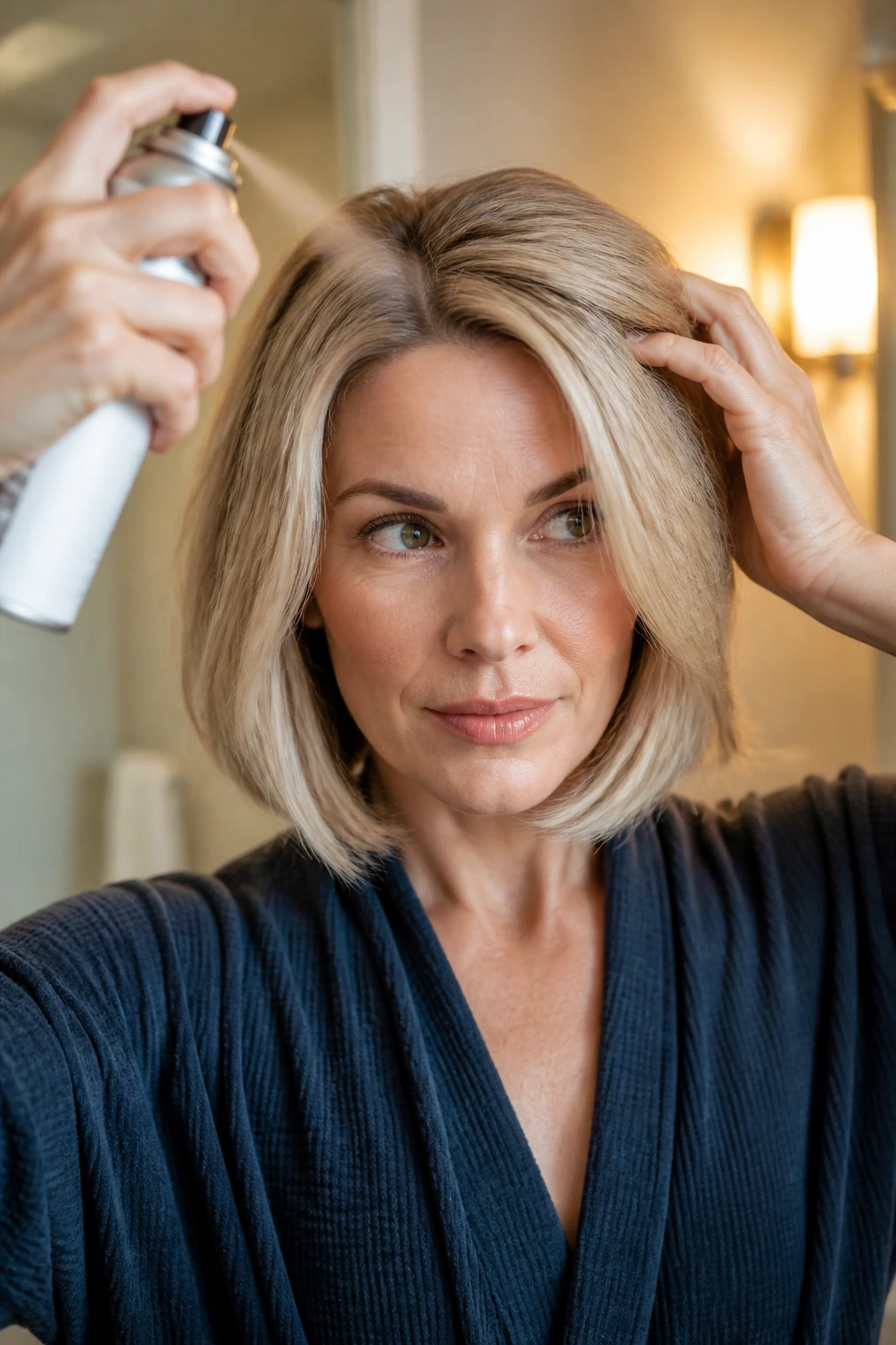 Close-up of real woman applying dry shampoo to roots to maintain fullness
