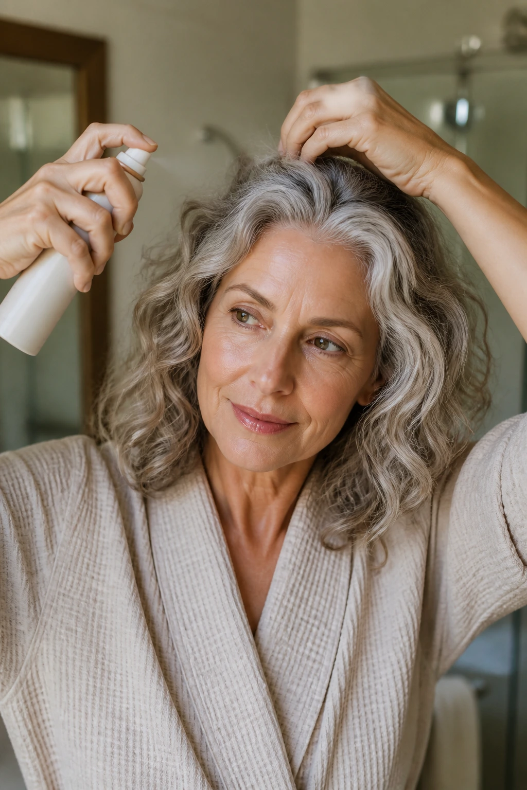 Woman applying dry shampoo to crown to refresh gray waves