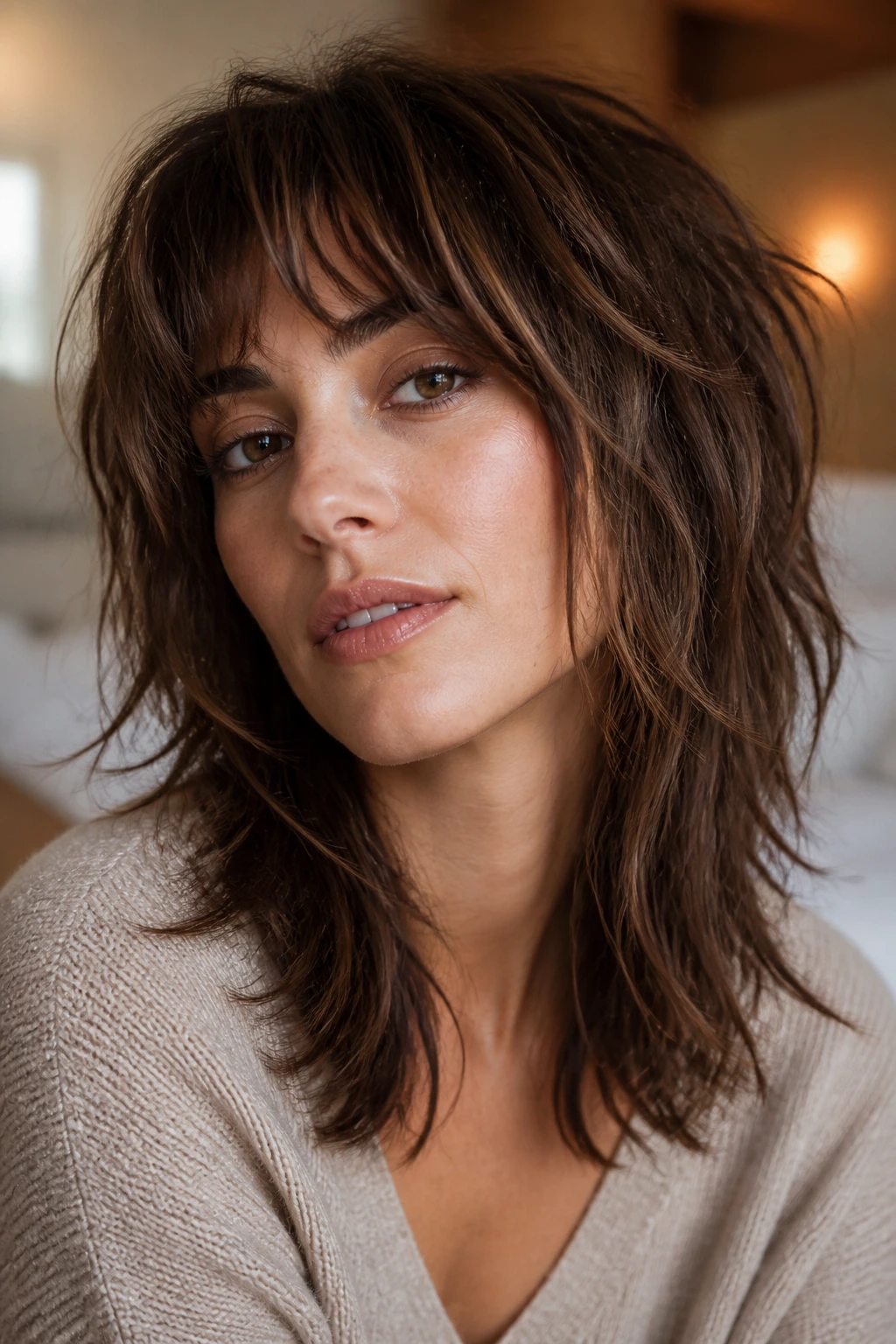 Portrait of a person with second-day dry-shampoo shag in a cozy bedroom