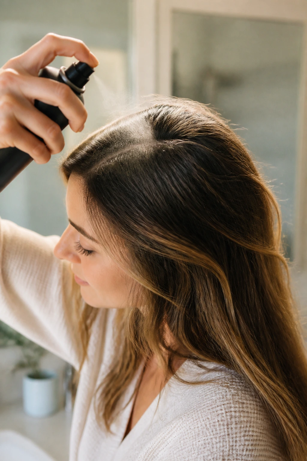 Profile view of a woman applying dry shampoo to her hair roots for texture