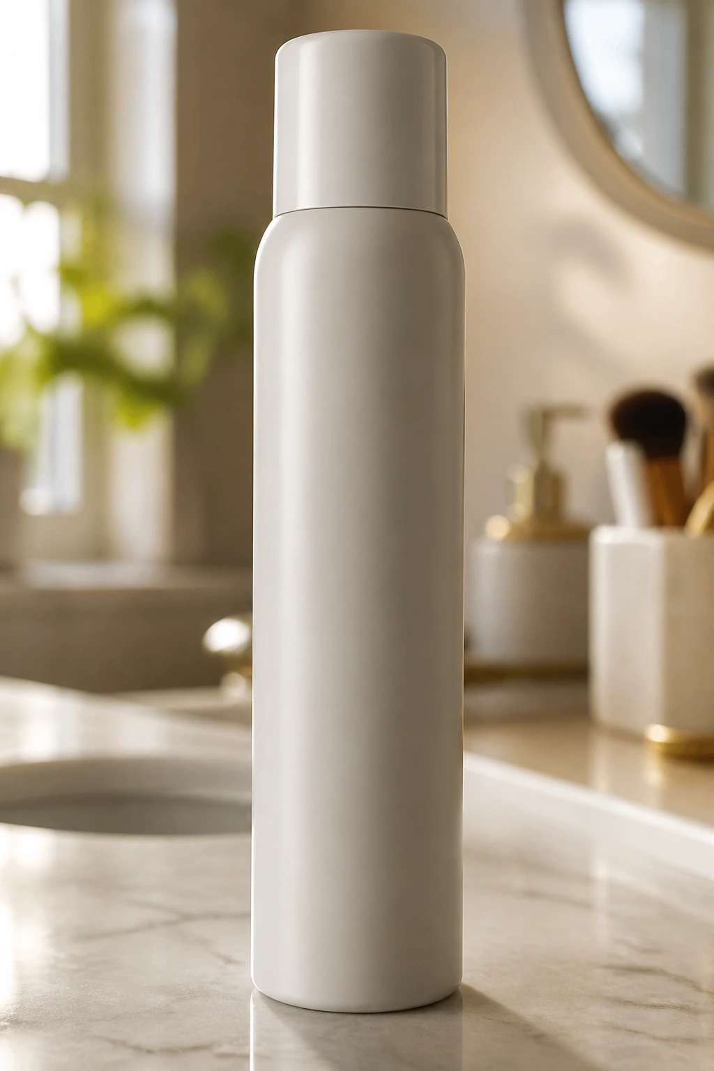 Plain unlabeled bottle of dry shampoo on a bathroom counter with soft blurred background.