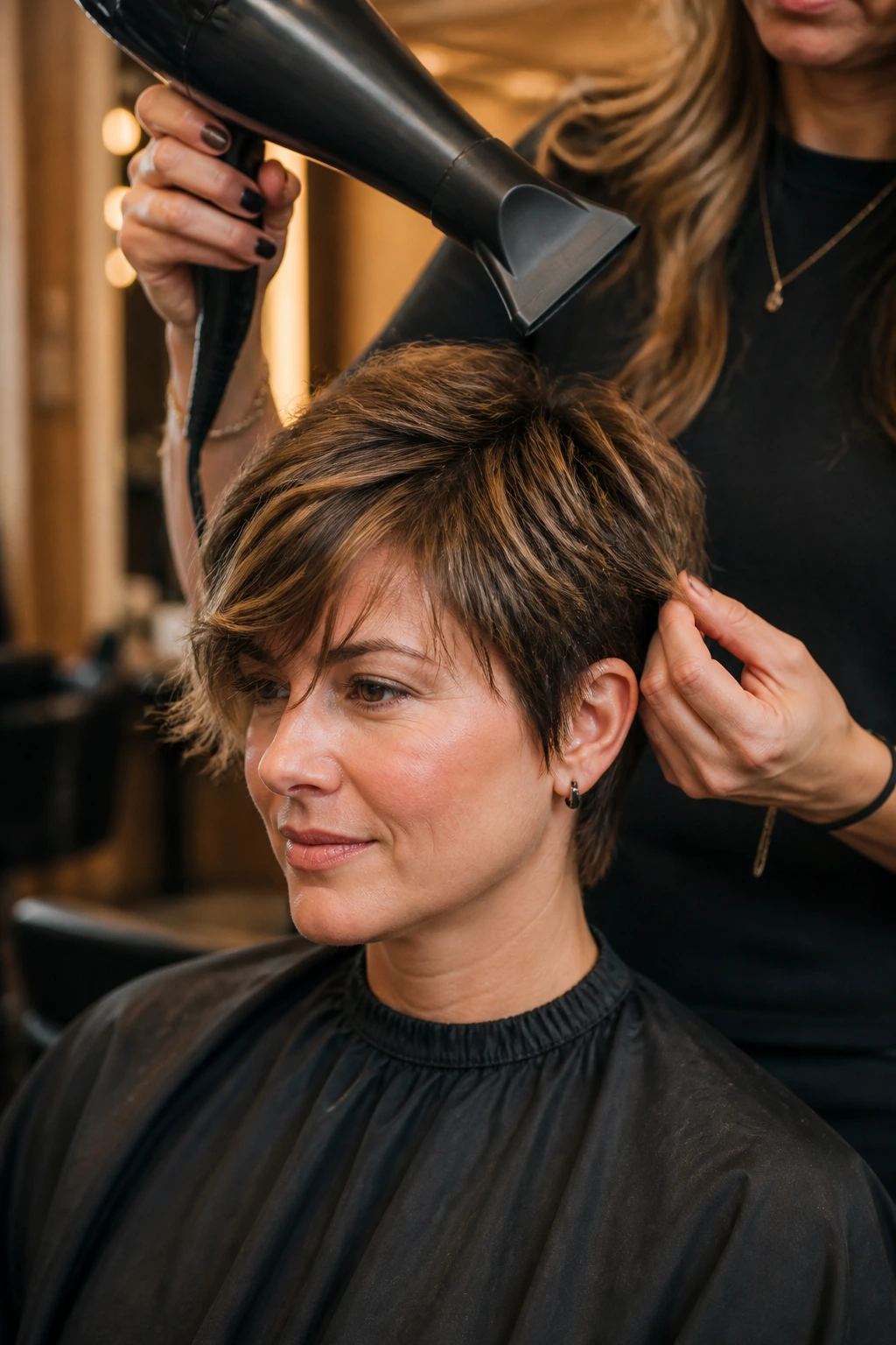 Stylist using nozzle dryer and applying matte paste in a salon