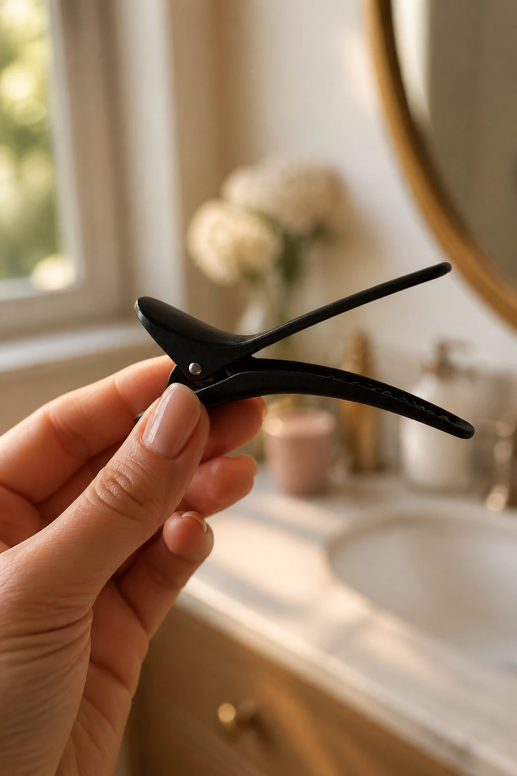 Close-up of a duckbill hair clip in hand on a bathroom vanity