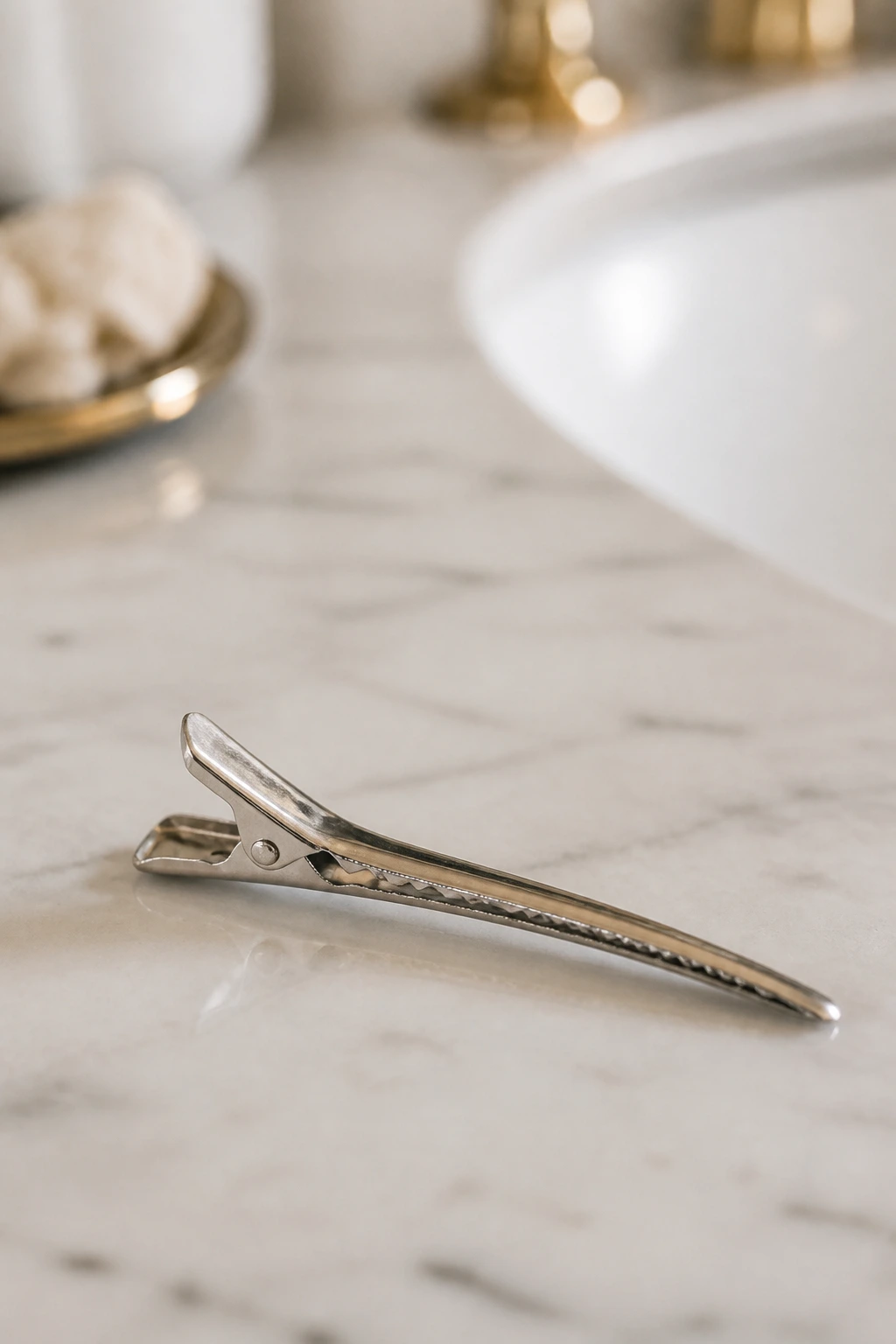 Close-up of a duckbill clip on a bathroom counter