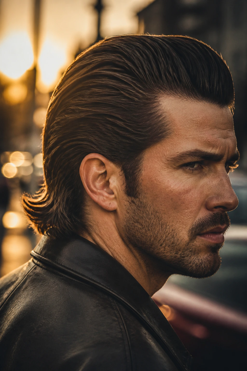 Close-up of a man with ducktail-inspired back sweep on long hair