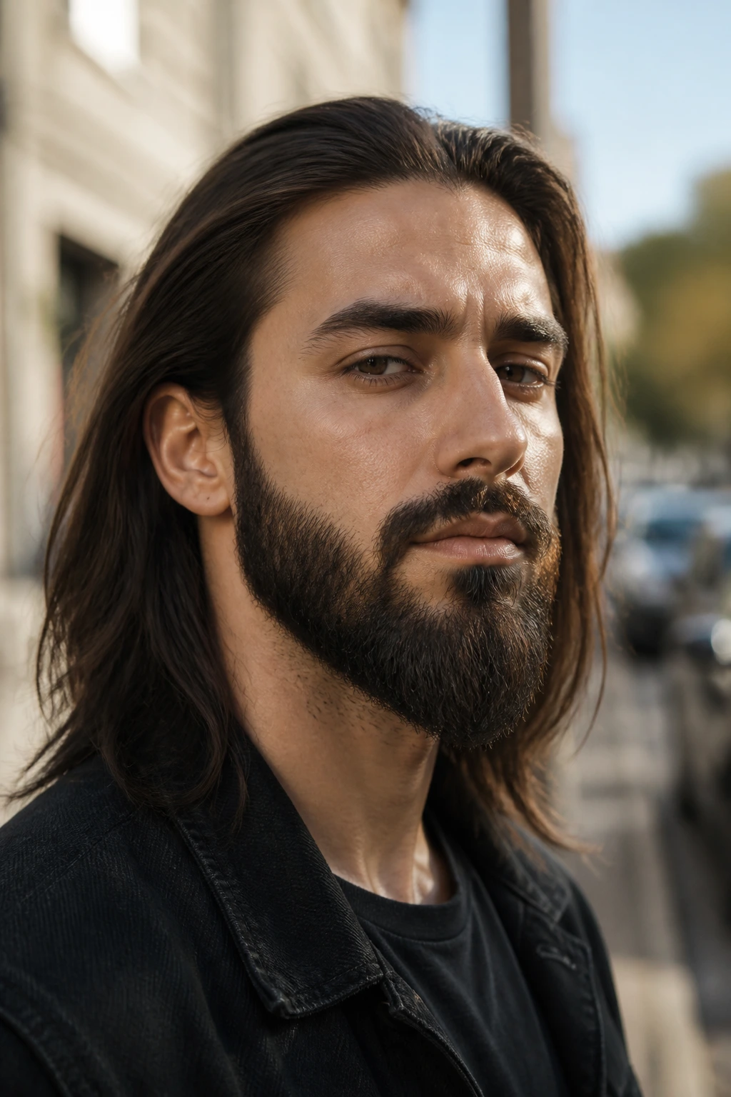 Man with ducktail beard and long straight hair standing on a street at golden hour