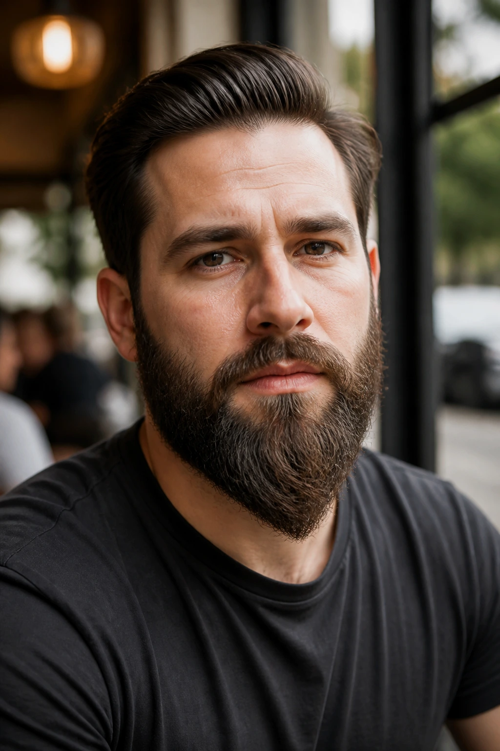 Close-up of a man with a ducktail beard and pointed chin