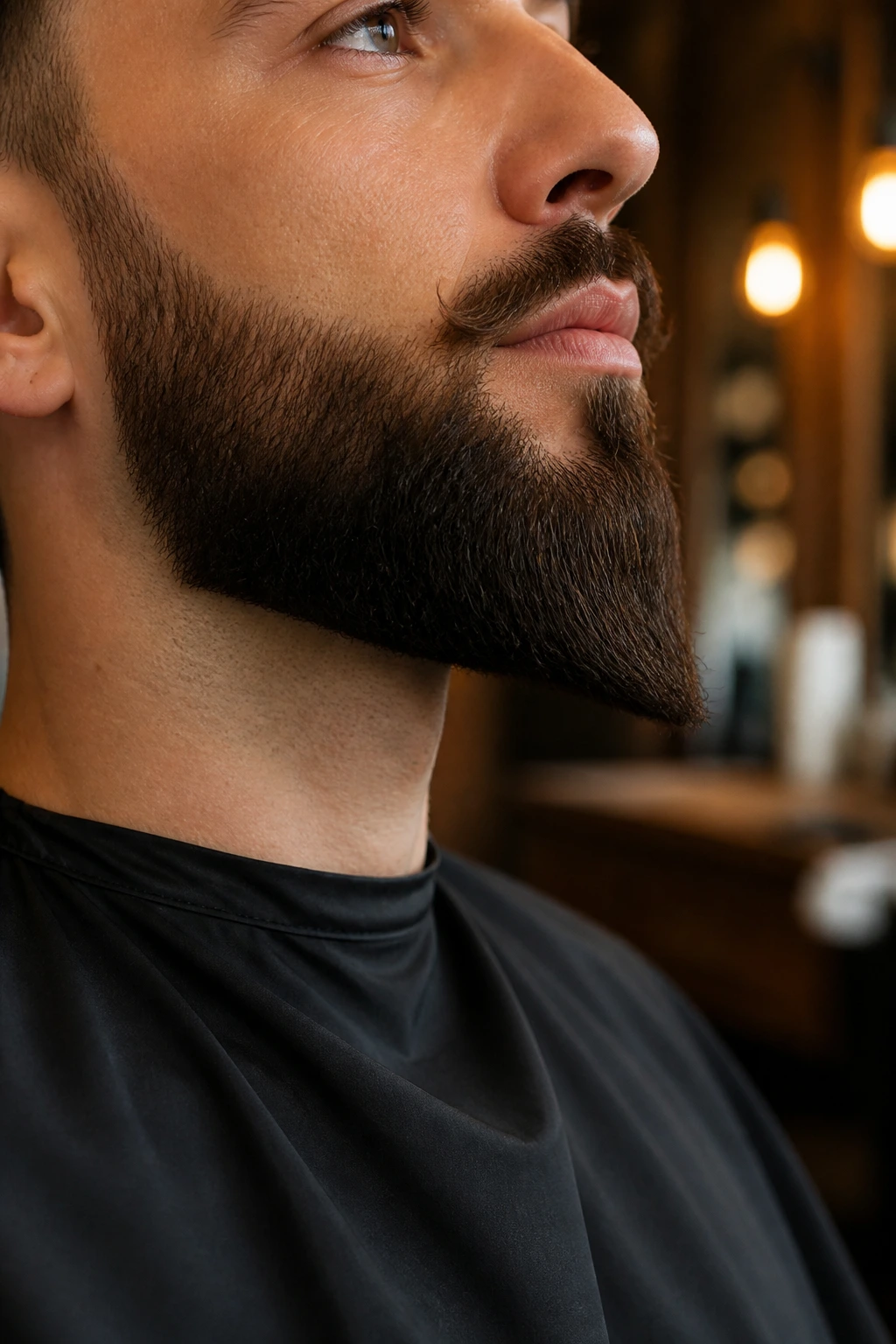 Close-up of a man with a ducktail beard in a barbershop