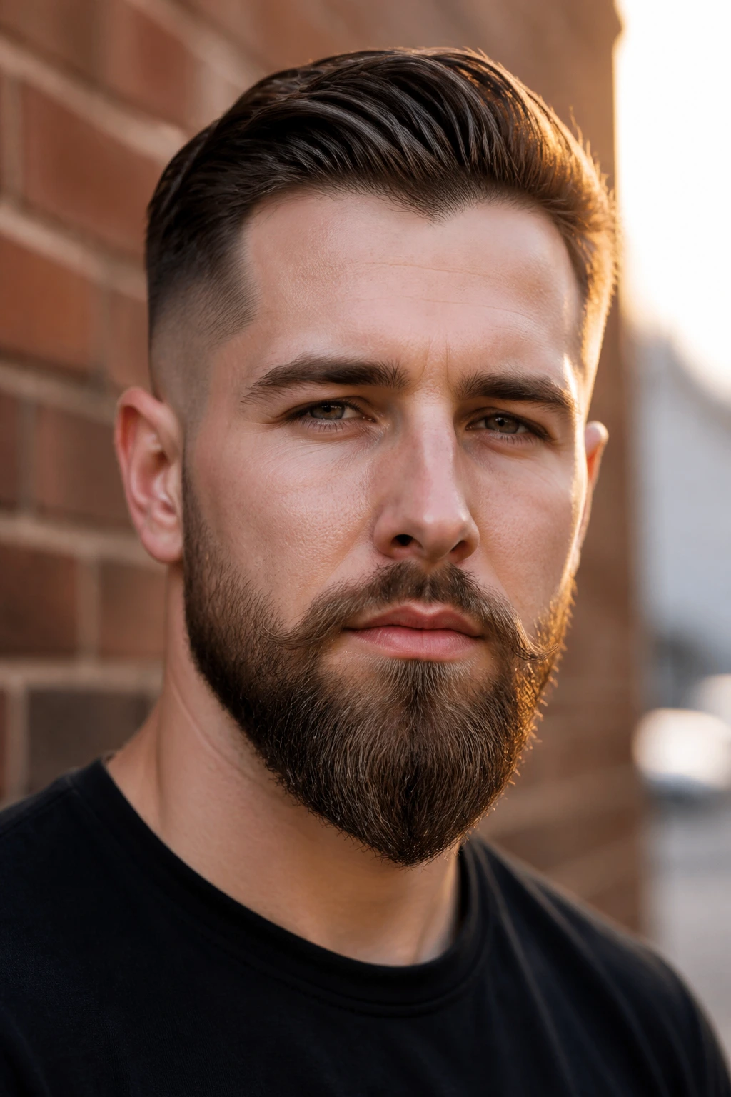 Close-up portrait of a man with a Ducktail Beard against a brick wall at golden hour.